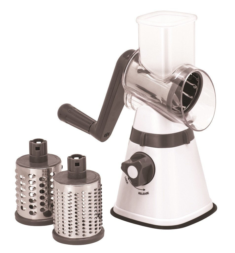 Avanti Table Top Drum Grater with 3 Blades - Stainless Steel Rotary Cheese Grater for Parmesan, Chocolate & Vegetables - Perfect for Kitchen, Baking & Food Prep