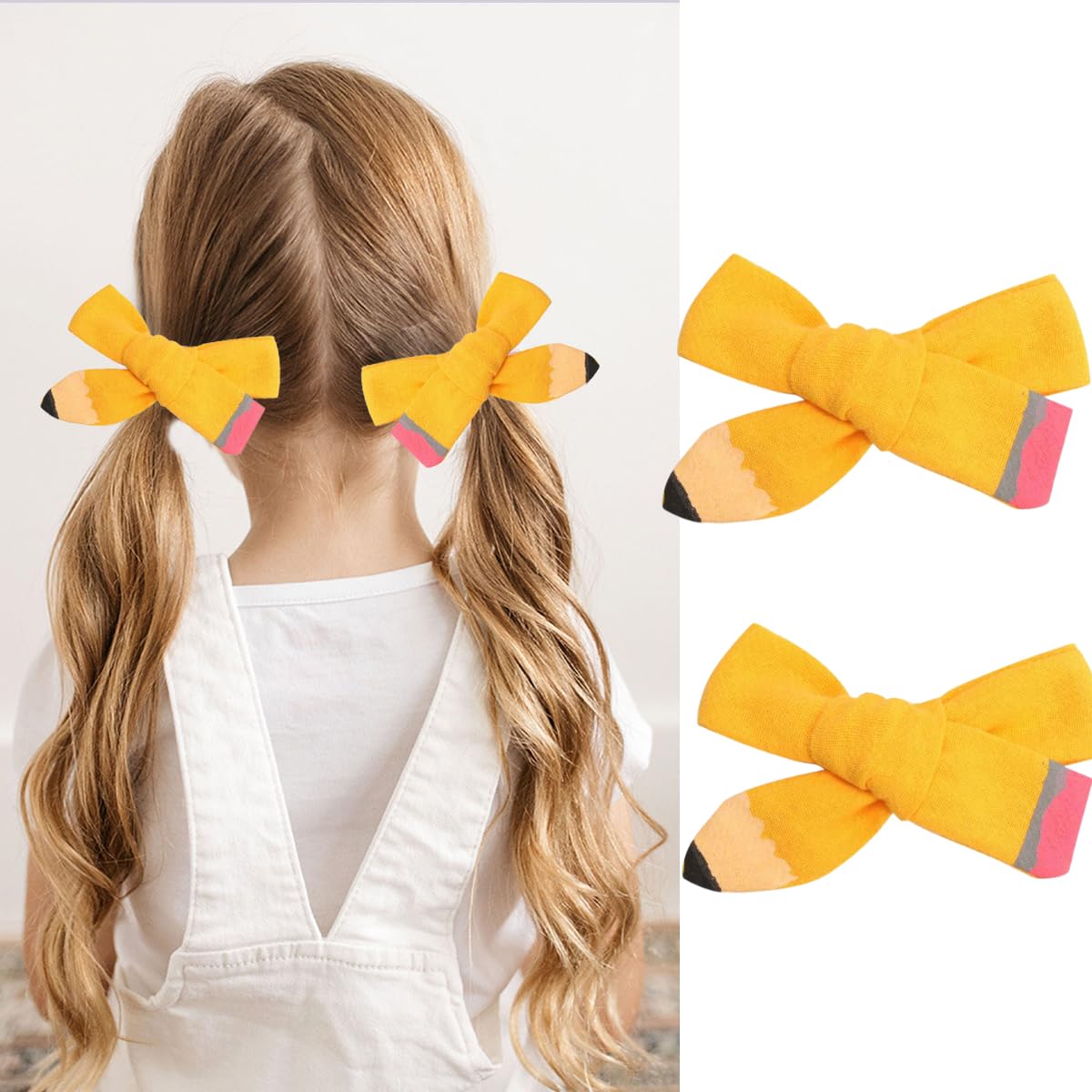Hand Painted Yellow Pencil Hair Bows Clips for Girls - Cute School Hair Accessories for Kindergarten, 1st 2nd 3rd 4th 5th Grade Students - Perfect for First Day of School, Class Photos & Special Occasions
