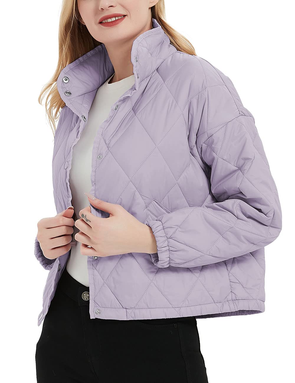 Bellivera Women's Lightweight Quilted Puffer Jacket - Short Spring Coat with Button Closure for Casual Outings & Outdoor Activities