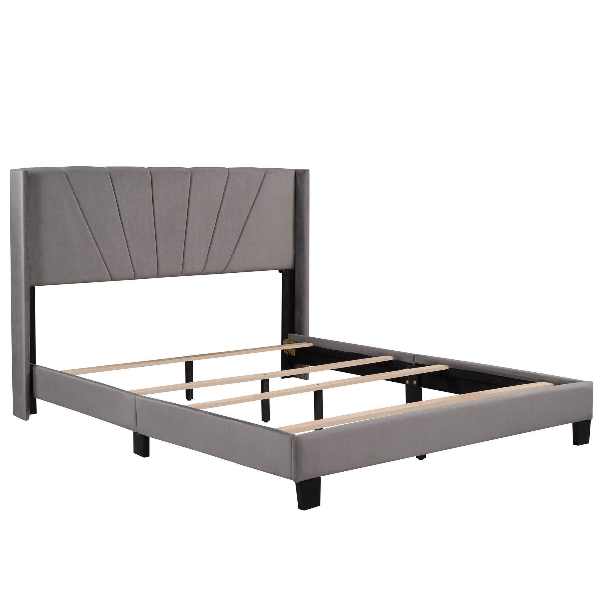 Velvet Upholstered Queen Size Platform Bed Frame with Wingback Headboard - Heavy Duty Metal Frame, No Box Spring Needed, Modern Bedroom Furniture (Gray) - Perfect for Master Bedrooms, Guest Rooms & Luxury Apartments