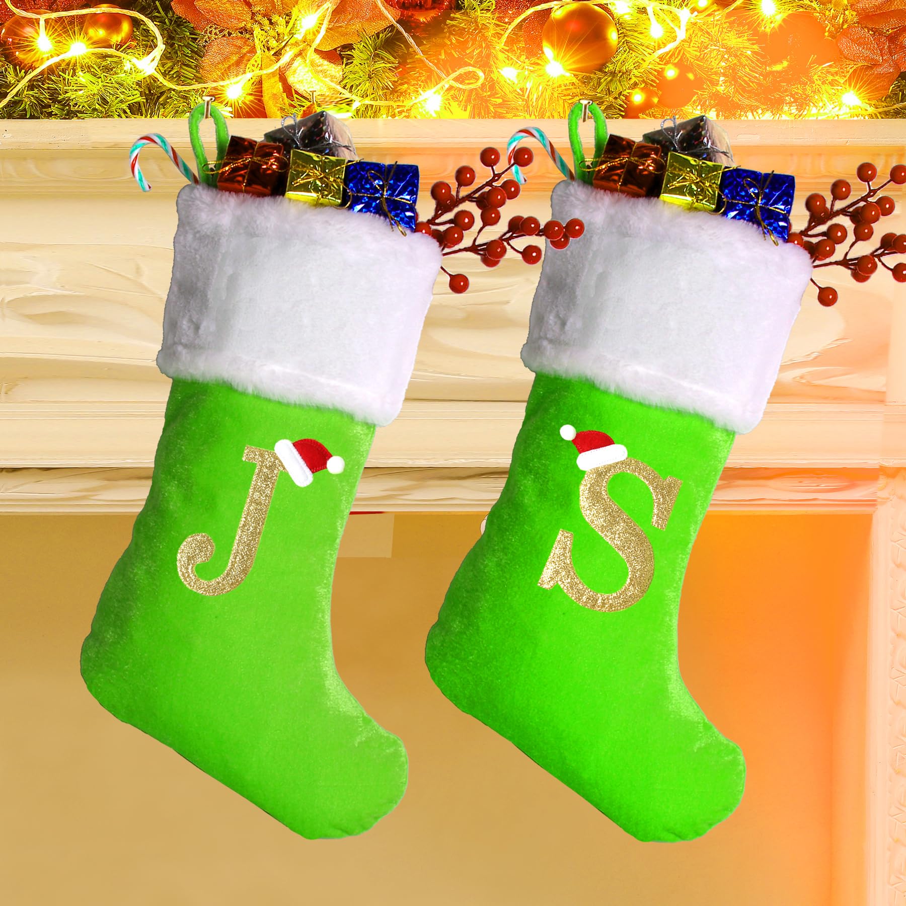 Personalized 20-Inch Monogram Christmas Stockings - Large Green Velvet Holiday Stockings with Soft Plush Cuff - Perfect for Fireplace, Xmas Tree & Holiday Decorations (Custom Letters Available)