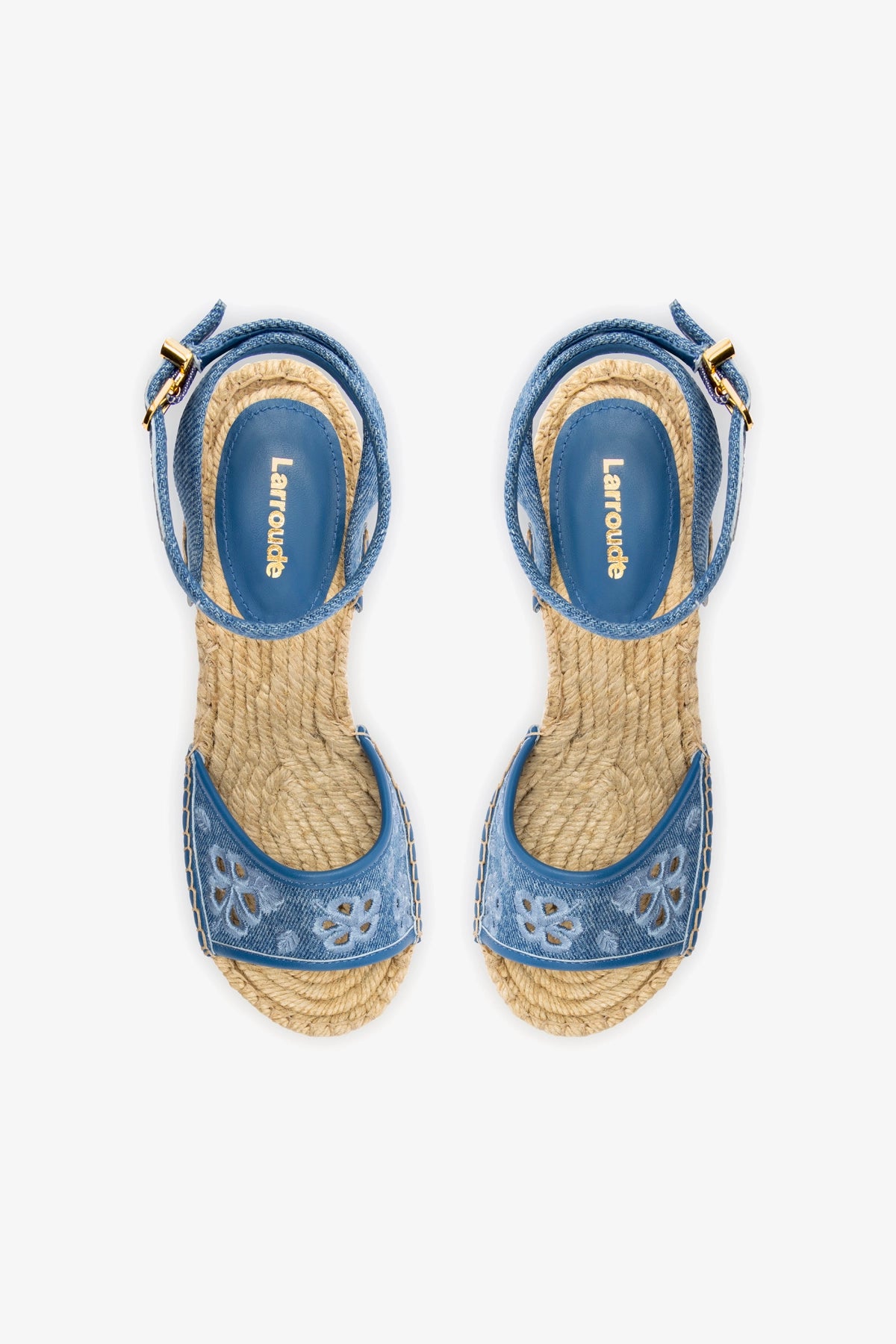 Letizia Espadrille Wedge Sandals - Blue Denim with Stone Embellishments & Hibiscus Embroidery | Comfortable Summer Wedges for Beach, Vacation & Casual Outings