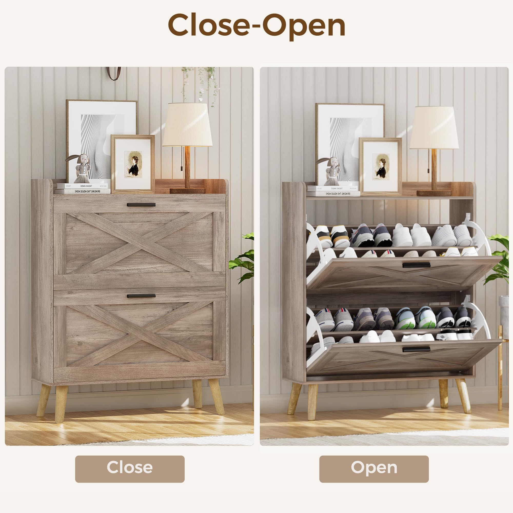 Farmhouse Shoe Cabinet with Barn Door & Adjustable Shelves - Slim Entryway Storage for Hallway & Living Room