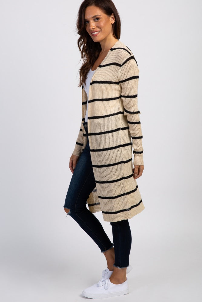 Beige Striped Knit Long Cardigan for Women - Soft Oversized Open Front Sweater Coat - Perfect for Fall, Winter & Layering Outfits