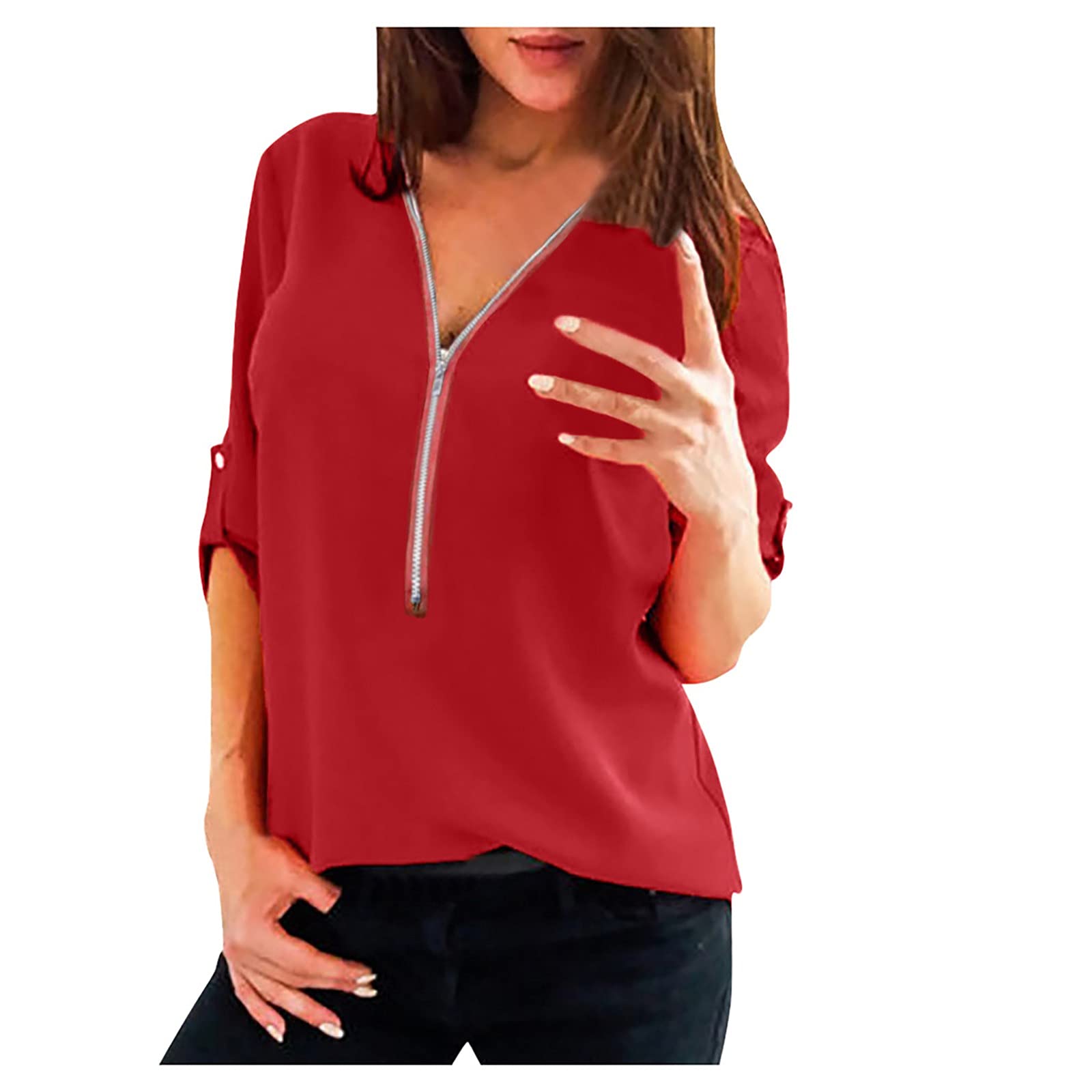 Junior's Active Long Sleeve Loose Fit Casual Blouse with Zipper Neck - Women's White Top for Sports & Everyday Wear
