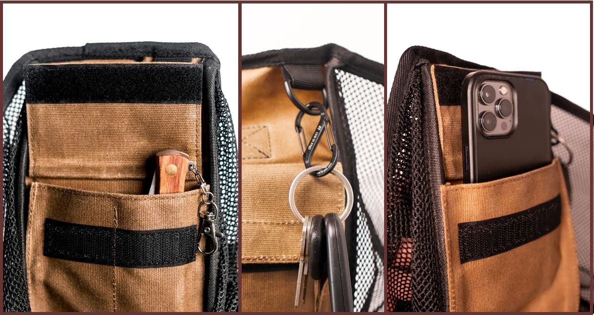Premium Waxed Canvas & Mesh Mushroom Foraging Bag with Multiple Pockets - Durable Fruit & Vegetable Harvesting Tote - Ideal for Farmers Markets, Wildcrafting & Outdoor Adventures (Carob Brown with Redwood Knife)
