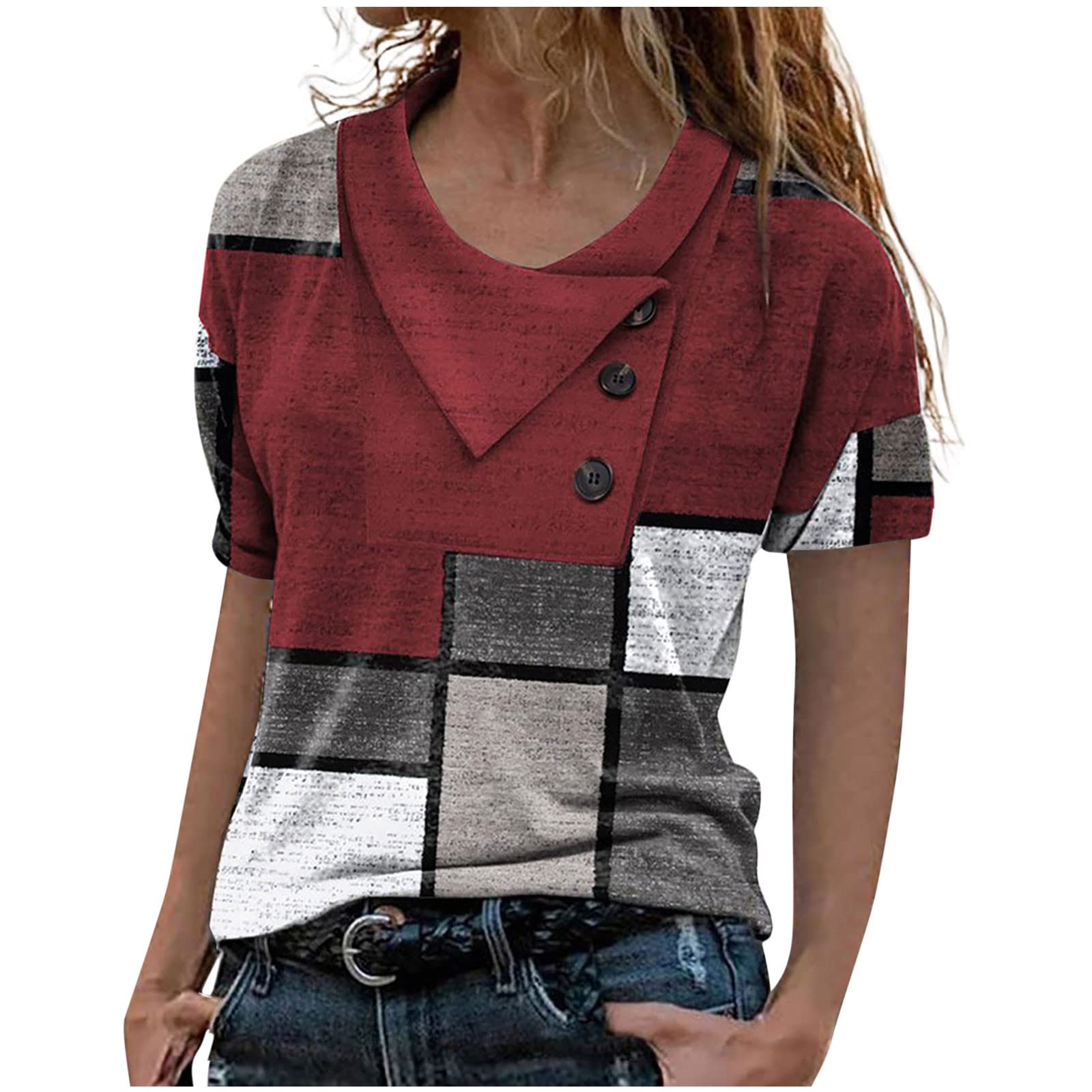 Women's V-Neck Basic T-Shirt - Sexy Cross Over Collar Short Sleeve Knitted Top with Print Buttons | Casual Wear, Date Night, Summer Outfits