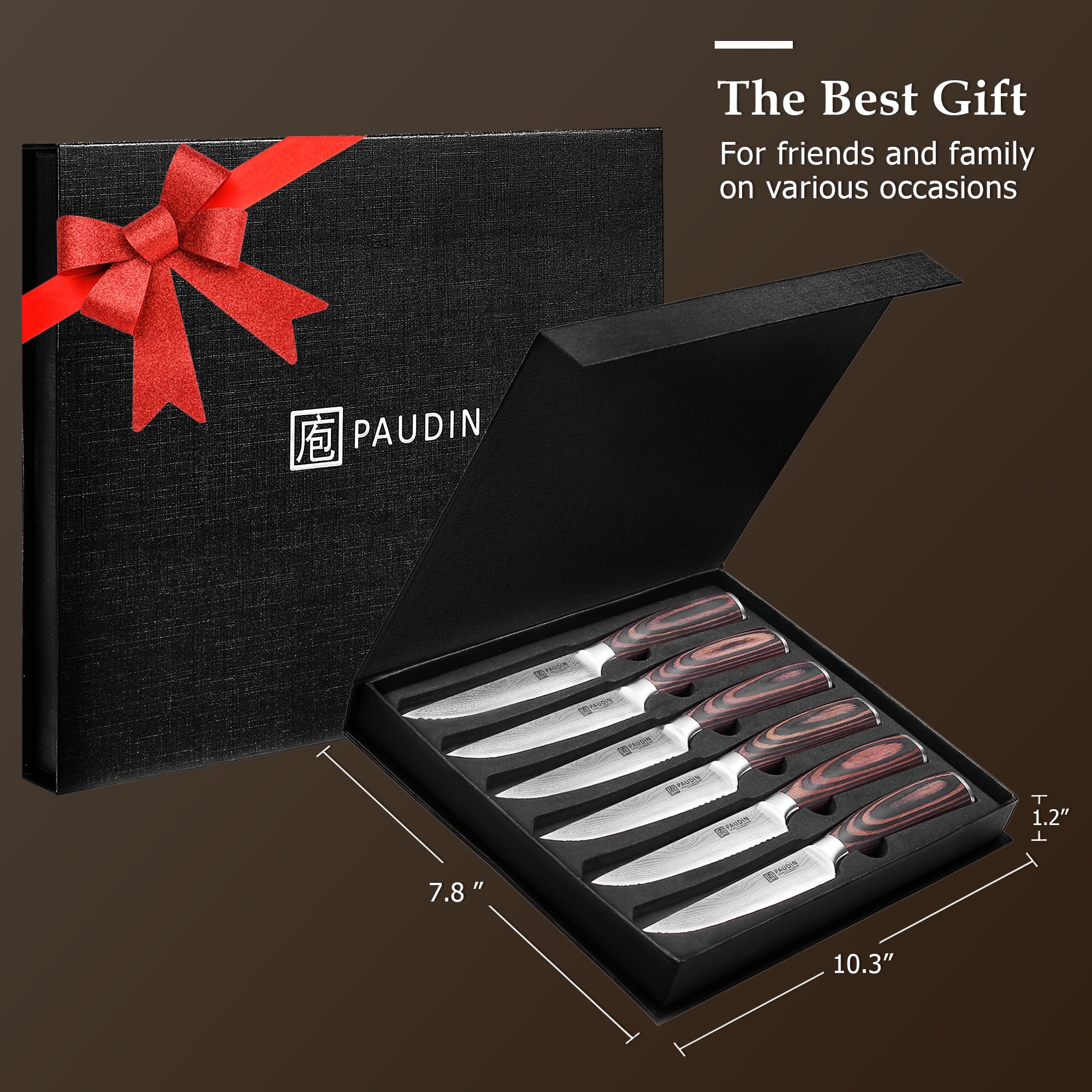 PAUDIN 6-Piece Steak Knives Set - 4.5 Inch High Carbon Stainless Steel Serrated Blades with Pakkawood Handle - Premium Kitchen Knives for Steak, Meat & BBQ - Includes Gift Box for Gifting & Dinner Parties