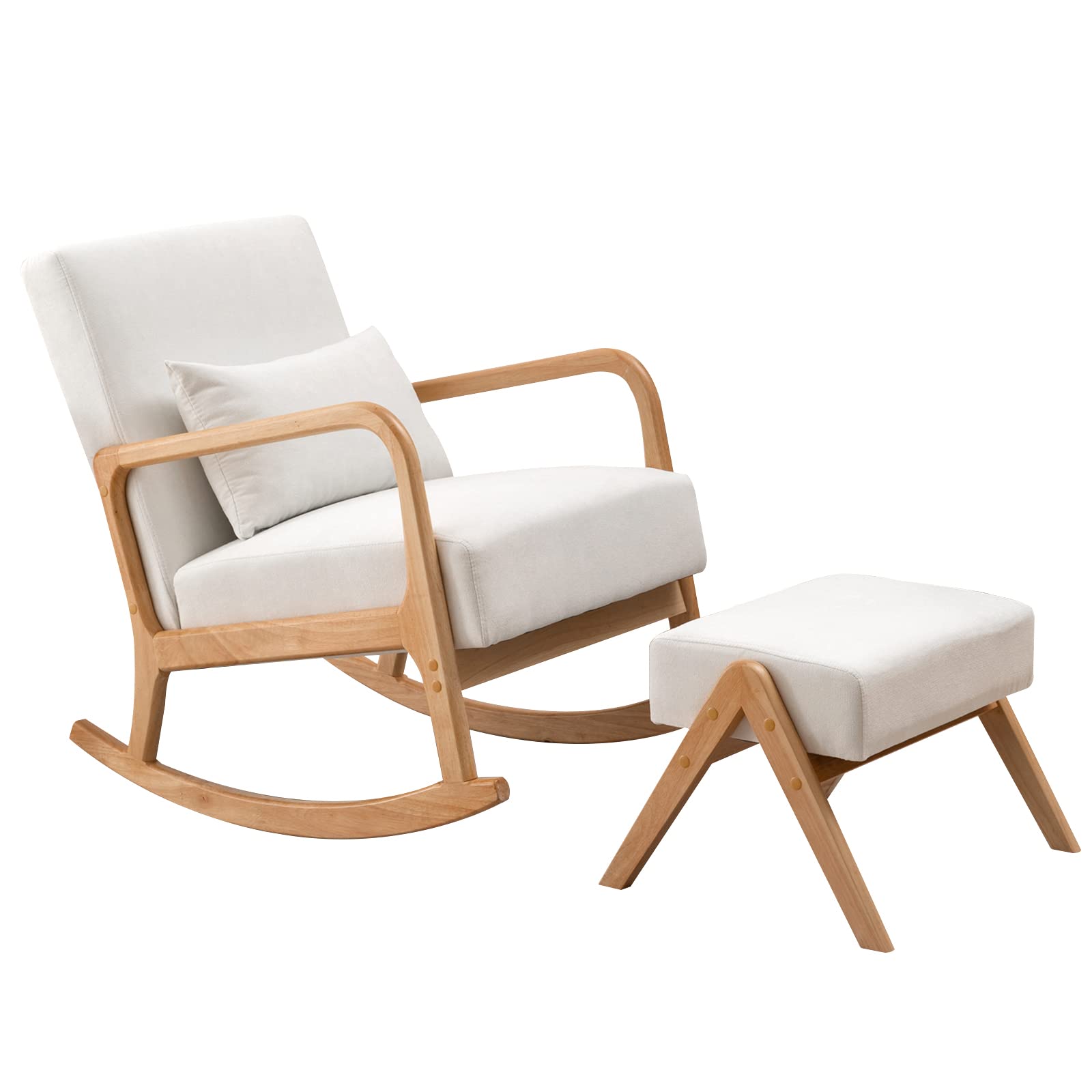 OKAKOPA Modern Upholstered Rocking Chair with Ottoman & Pillow - Nursery Glider for Baby Room, Living Room, Bedroom - Soft White Comfort for Breastfeeding & Relaxation