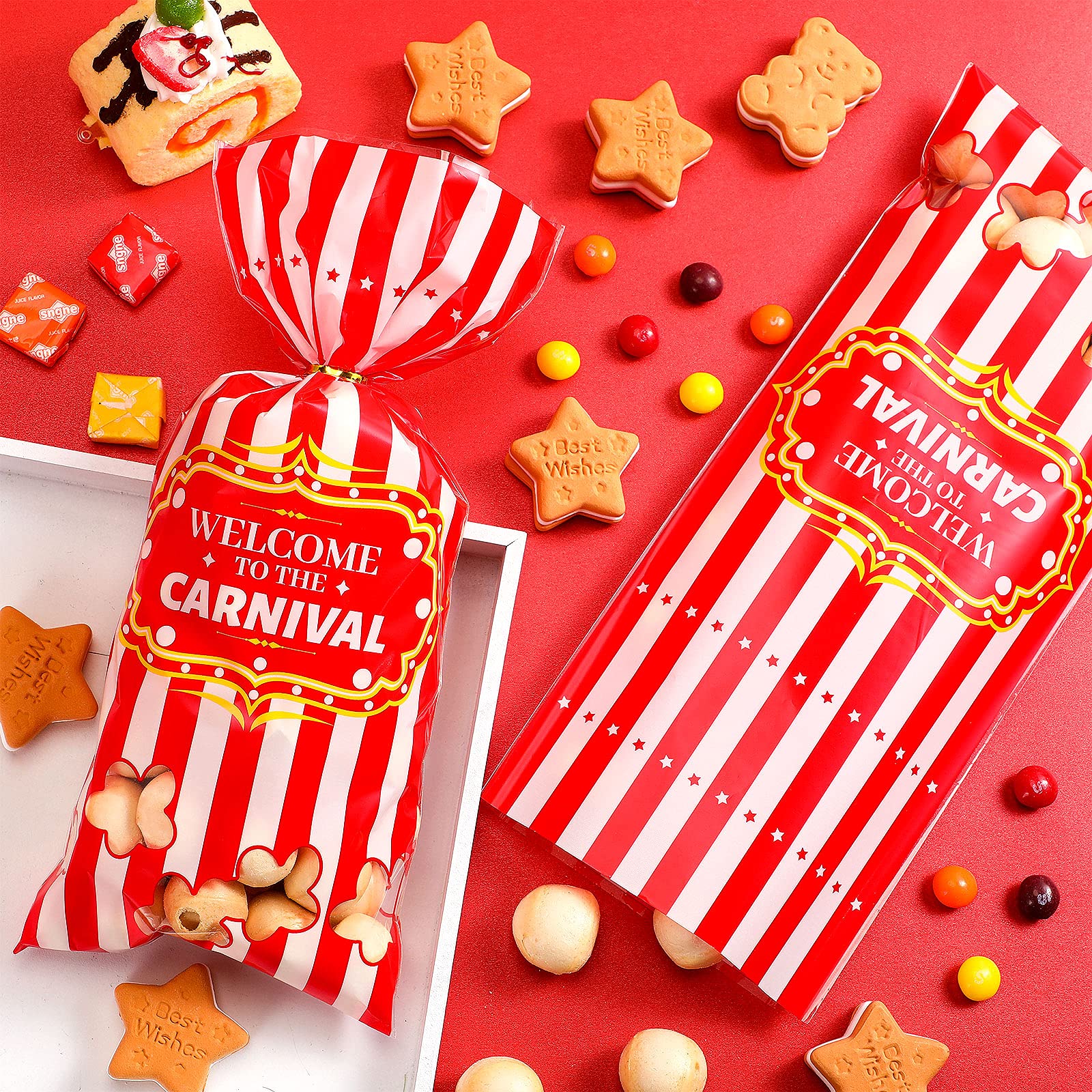 Epakh Carnival Candy Bags - 200 Pack Circus-Themed Plastic Party Favor Bags with Popcorn Pattern & Gold Twisted Ties for Halloween, Birthday Parties, Baby Showers & Wedding Favors - Perfect for Treats, Cookies & Cupcakes