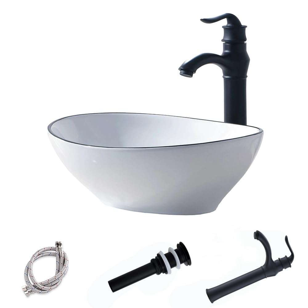 16x13 Inch White Porcelain Ceramic Oval Bathroom Vessel Sink with Faucet & Drain Combo - Above Counter Modern Vanity Basin Washing Bowl Set (White with Black Edge) for Bathroom, Powder Room & Guest Washroom Decor
