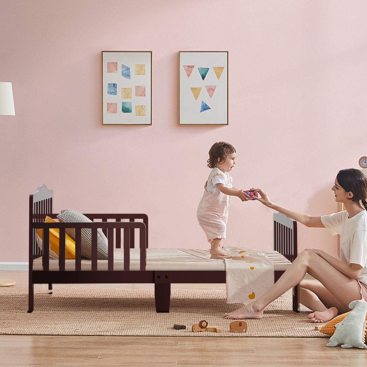 **HONEY JOY Toddler Bed Frame - Solid Rubber Wood with Safety Guardrail, Fits Full Size Crib Mattress (Not Included) - Classic Kids Bedroom Furniture for Boys & Girls (Brown) - Perfect for Nursery, Daycare, or Children's Bedroom**