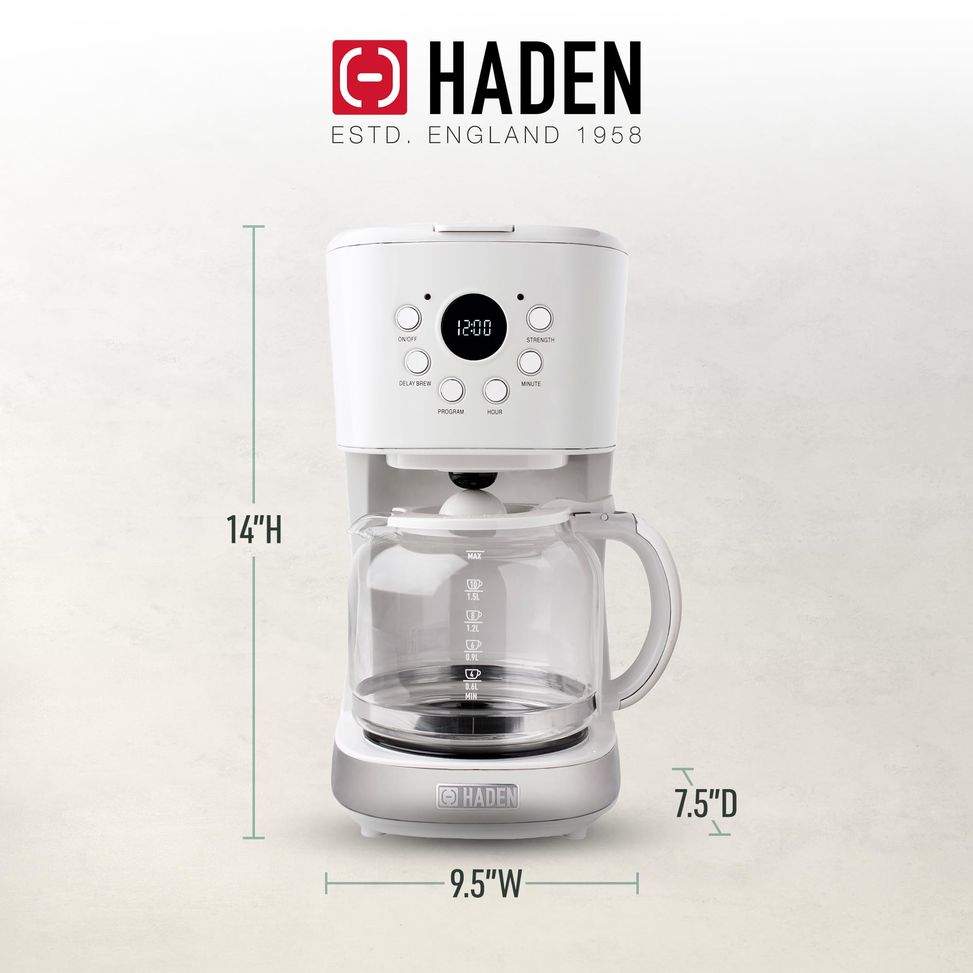 HADEN 12 Cup Programmable Drip Coffee Maker with Auto Shut-Off - Stainless Steel & Ivory Coffee Machine for Home & Office Use