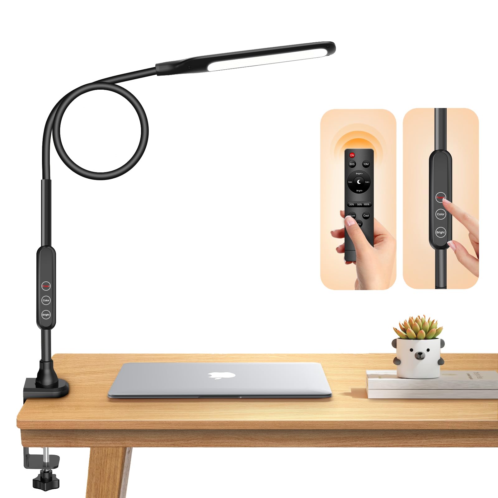 Syrinx LED Desk Lamp with Clamp - Eye-Caring Adjustable Gooseneck Light with Remote Control, 5 Color Modes & 12W Brightness for Home Office, Study, Drafting, Nail Art - Perfect for Night Reading, Computer Work and Craft Projects