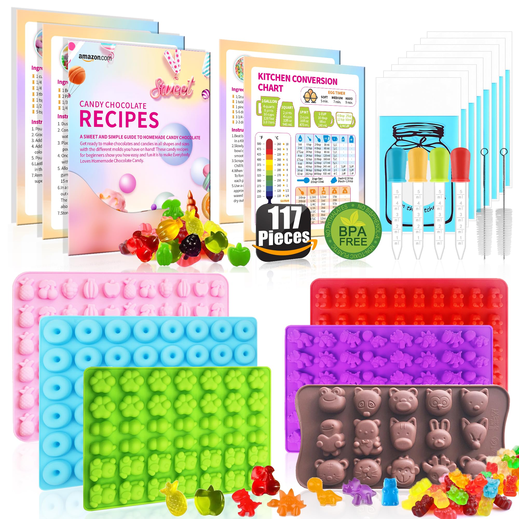 117Pcs Silicone Gummy Bear Molds Kit - Non-Stick Candy Mold for DIY Chocolate, Gummy Bears, Jelly Candies - Includes 100 Wrappers, 5 Recipe Cards, 4 Droppers & 2 Brushes (Dinosaur, Bear, Fruits, Donut Shapes) - Perfect for Birthday Parties, Baby Showers & Holiday Treats