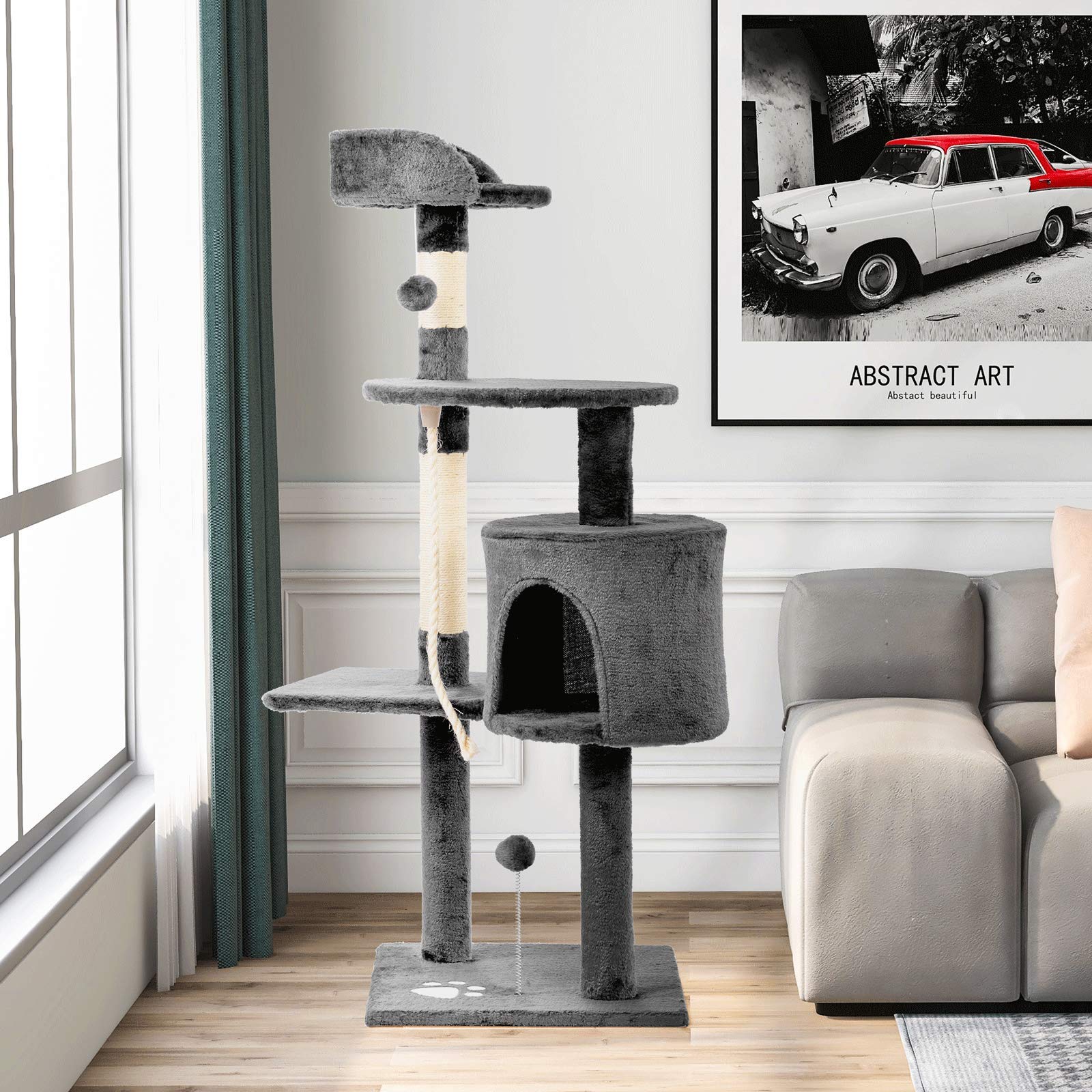 Sturdy Cat Tree Tower with Scratching Posts, Play Rope & Balls - Multi-Level Cat Condo for Climbing, Scratching & Resting - Perfect Playhouse for Small Cats (Dark Gray) - Ideal for Apartments & Home Decor