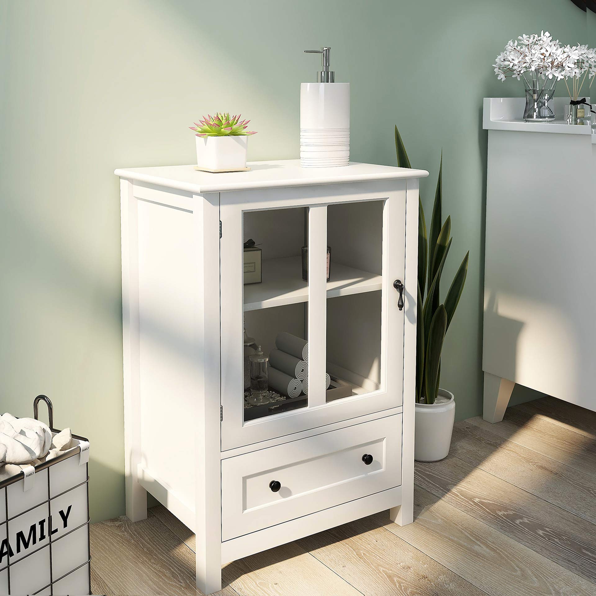 LERFAN Buffet Sideboard with Bottom Drawer & Glass Door Cabinet - Unique Bell Handle Display Storage for Living Room & Kitchen | Perfect for Dining Room Organization & China Display