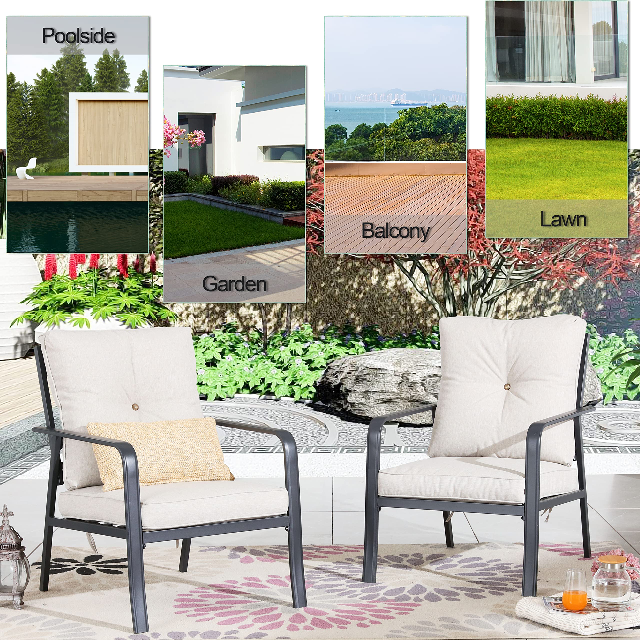 LOKATSE HOME 2-Piece Modern Patio Dining Chairs Set with Beige Cushions - Outdoor Bistro Furniture for Balcony, Backyard, Garden - Perfect for Relaxing, Entertaining & Dining Al Fresco