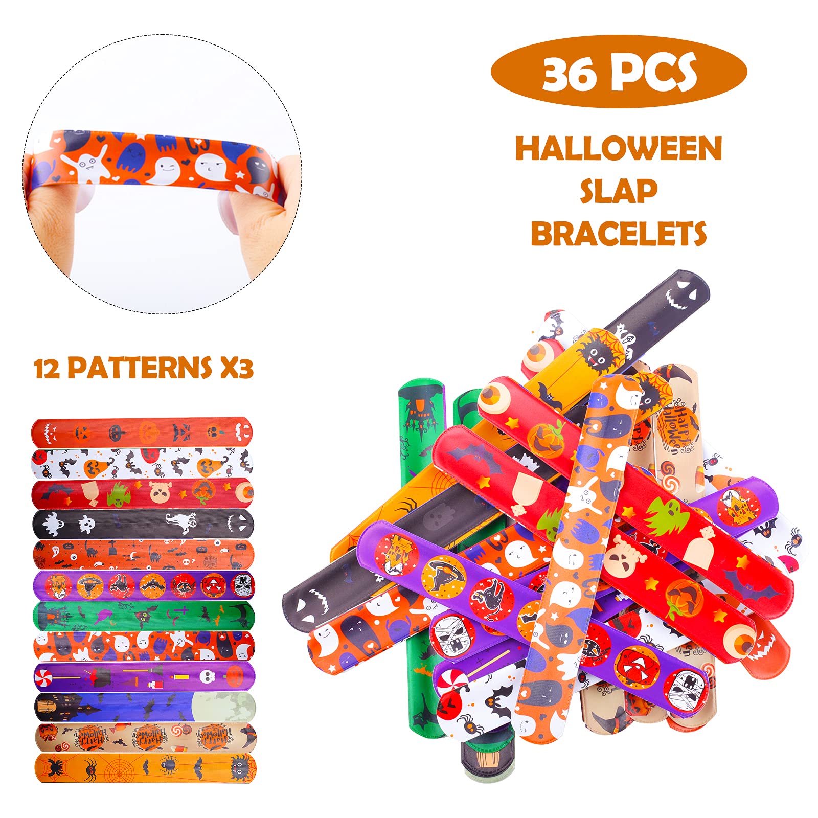 36 Pcs Halloween Slap Bracelets for Kids - Bulk Party Favors, 12 Unique Designs - Perfect for Trick or Treat Bags, Classroom Rewards & Costume Accessories
