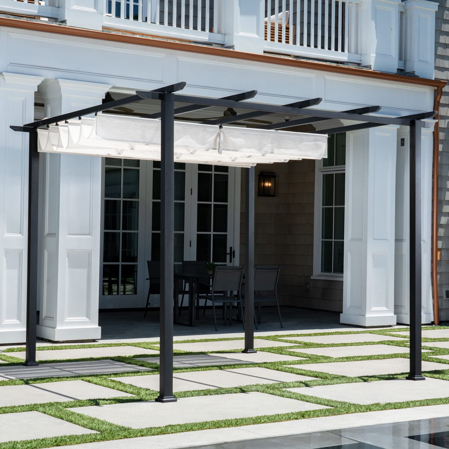 Hanover Reed 9.8' x 9.8' Outdoor Pergola with Adjustable Canopy - Weather Resistant Aluminum Steel Patio Gazebo for Backyard, Garden & Poolside Relaxation