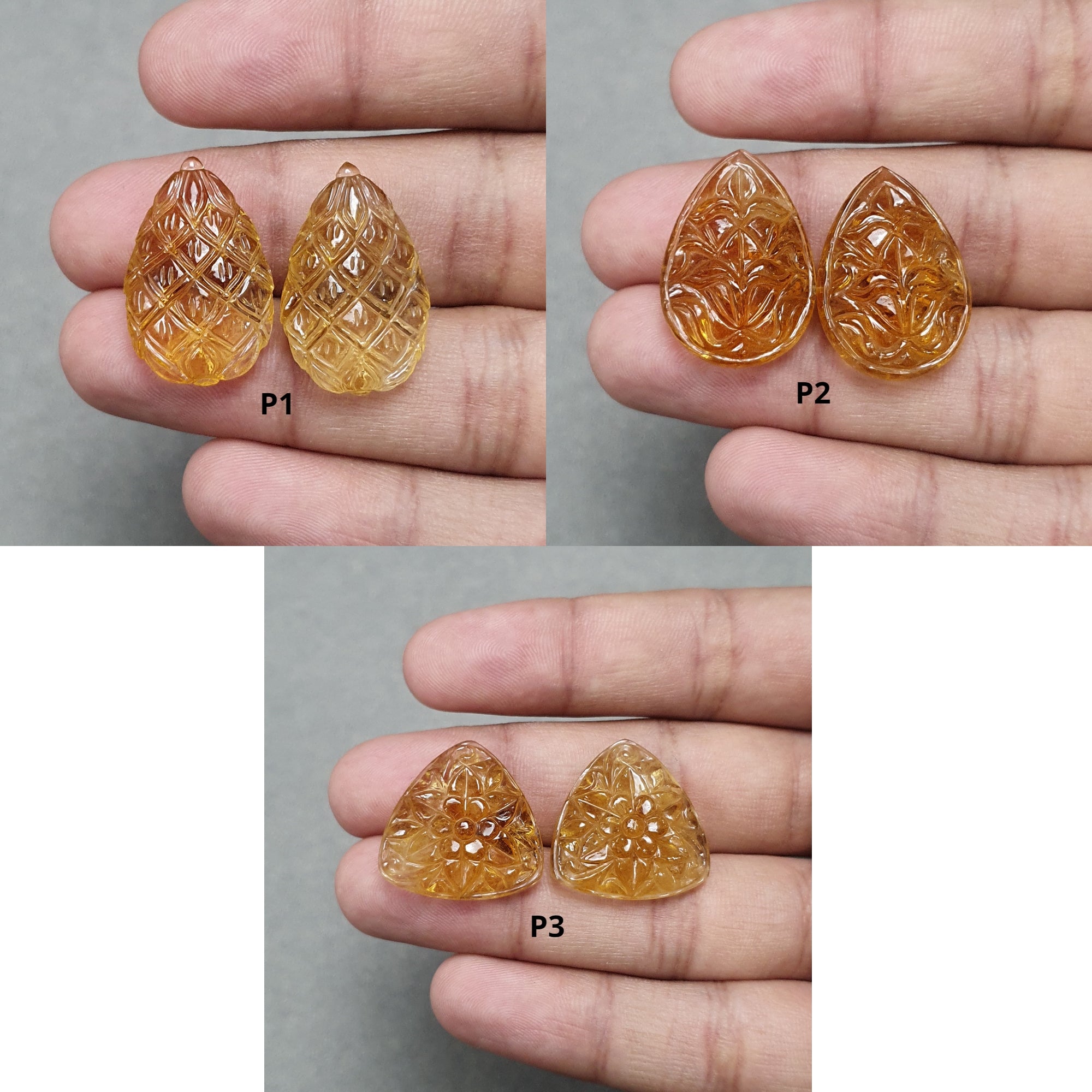 Natural Untreated Yellow Citrine Gemstone Carving - Hand Carved Pear & Triangle Shape Pairs for Earrings | Jewelry Making, DIY Crafts, Gift for Her