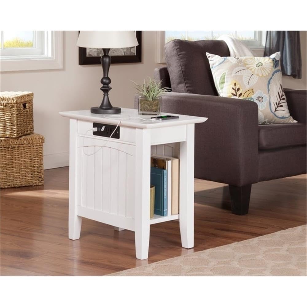 Pemberly Row Transitional White Wood Side Table with USB Charging Ports - Perfect for Living Room, Bedroom & Office Use