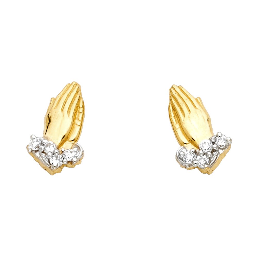 14K Real Yellow Gold CZ Praying Hands Earrings - Elegant Religious Jewelry for Women, Gift for Baptism, First Communion & Special Occasions