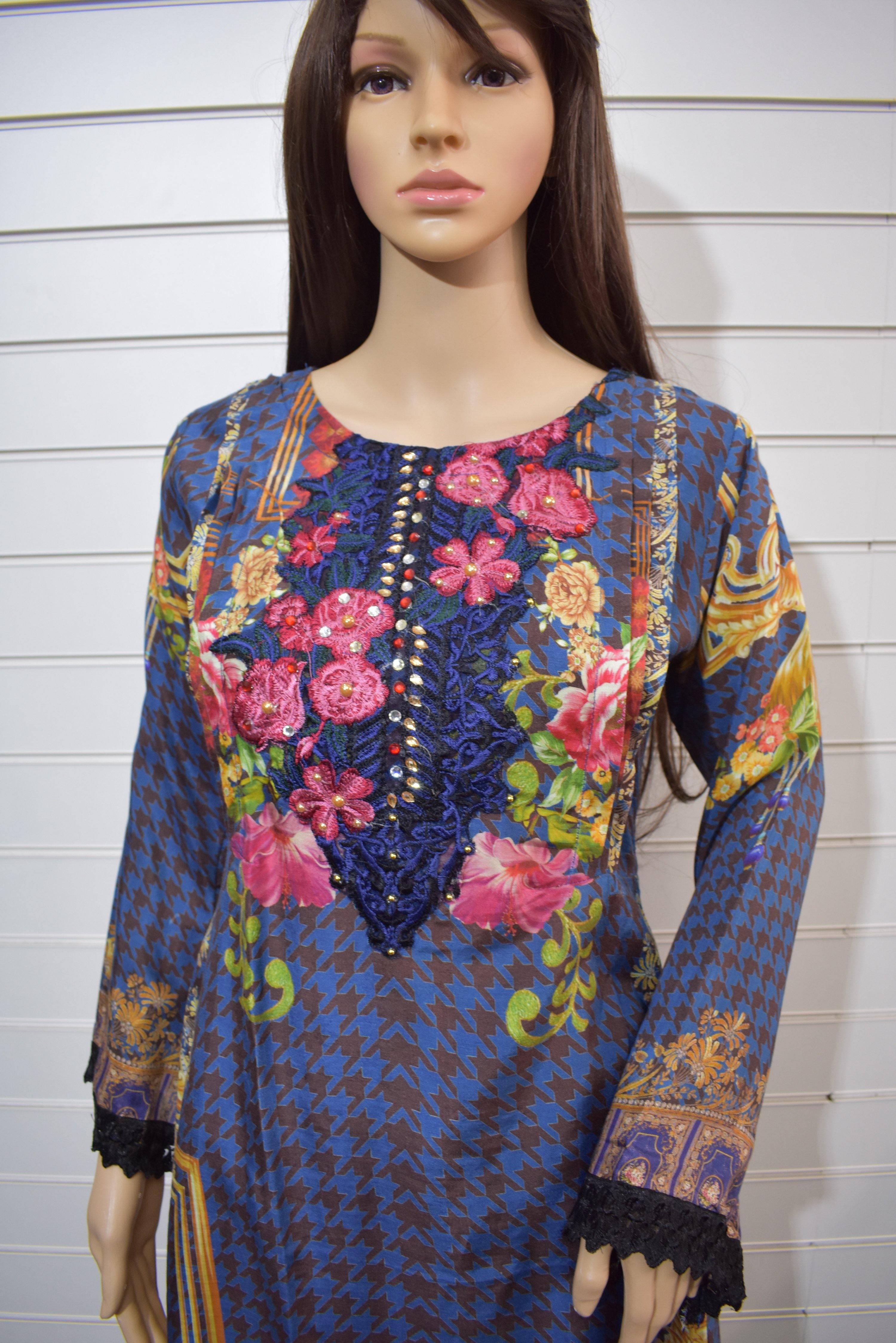 Elegant Blue Silk Digital Print Dipped Hem Outfit with Fully Embroidered Trousers | Women's Luxury Evening Wear for Parties & Special Occasions