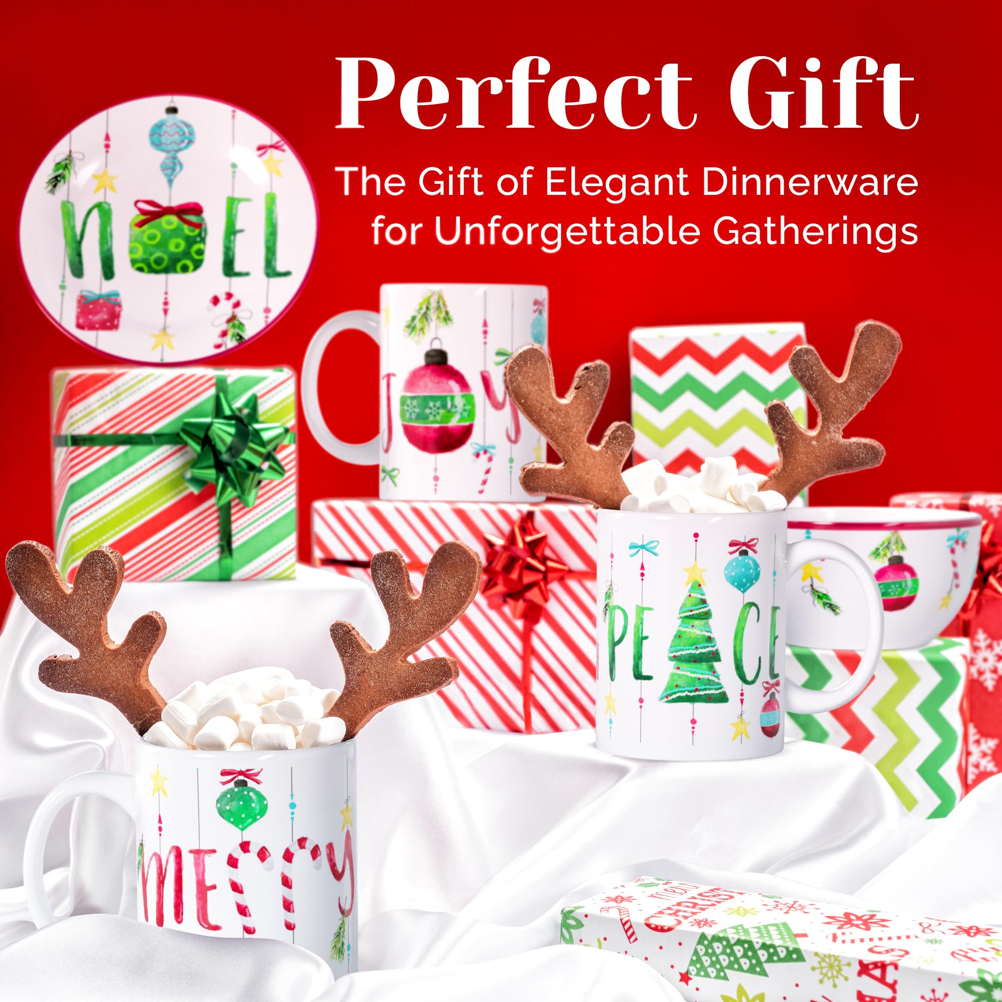 American Atelier 16-Piece Christmas-Themed Stoneware Dinnerware Set in Festive Green & Red | Holiday Table Setting, Christmas Dinner Party, Festive Home Decor