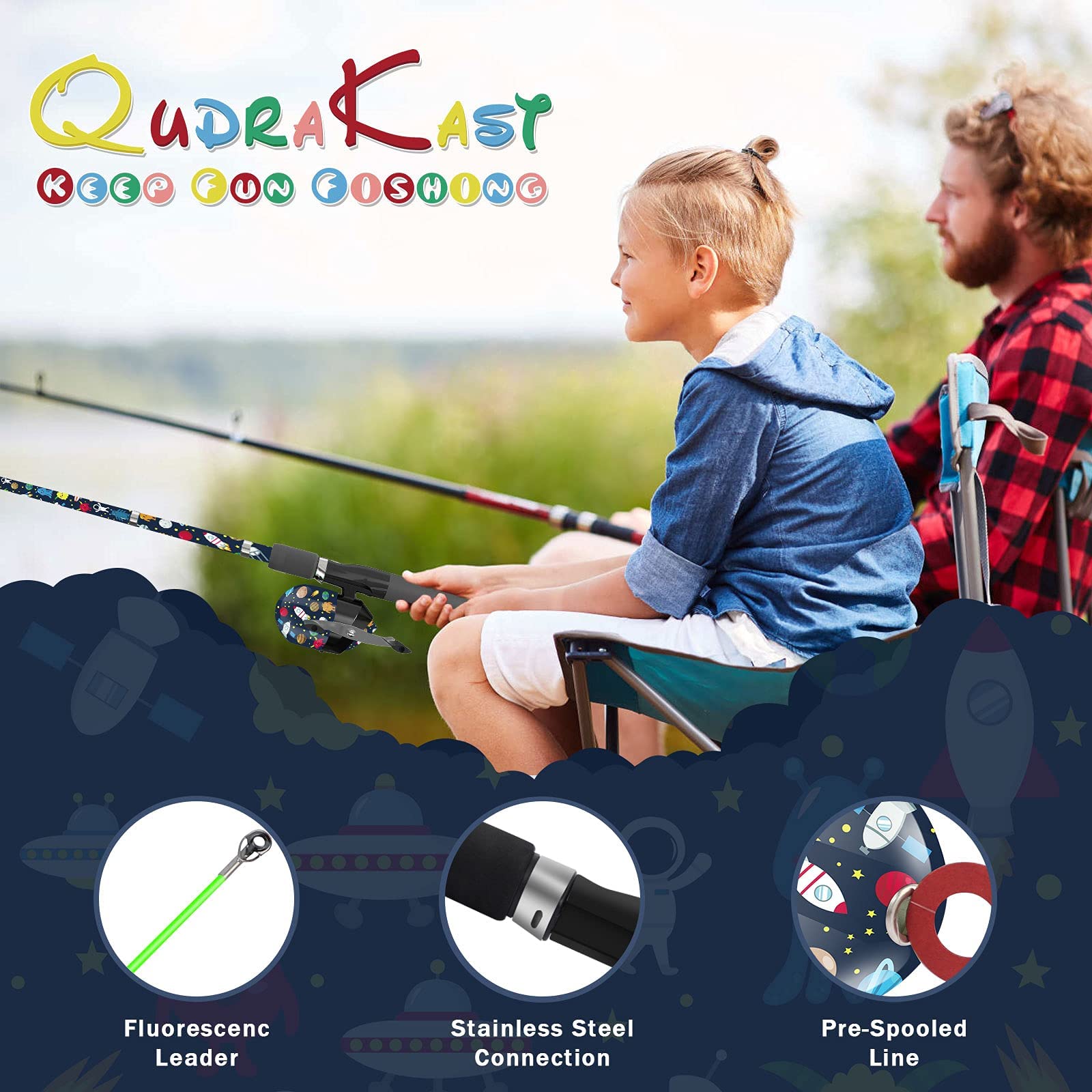 QudraKast Kids Fishing Pole - Lightweight & Durable Fishing Rod for Children - Perfect for Outdoor Adventures, Backyard Fun & Family Bonding