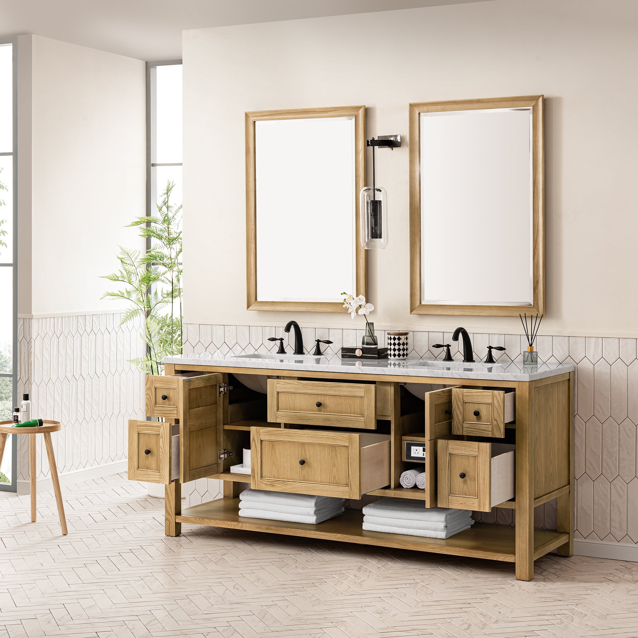 Breckenridge 72 Inch Double Vanity with Light Natural Oak Finish and 3CM Carrara Marble Top - Perfect for Modern Bathroom Renovations and Master Suite Upgrades