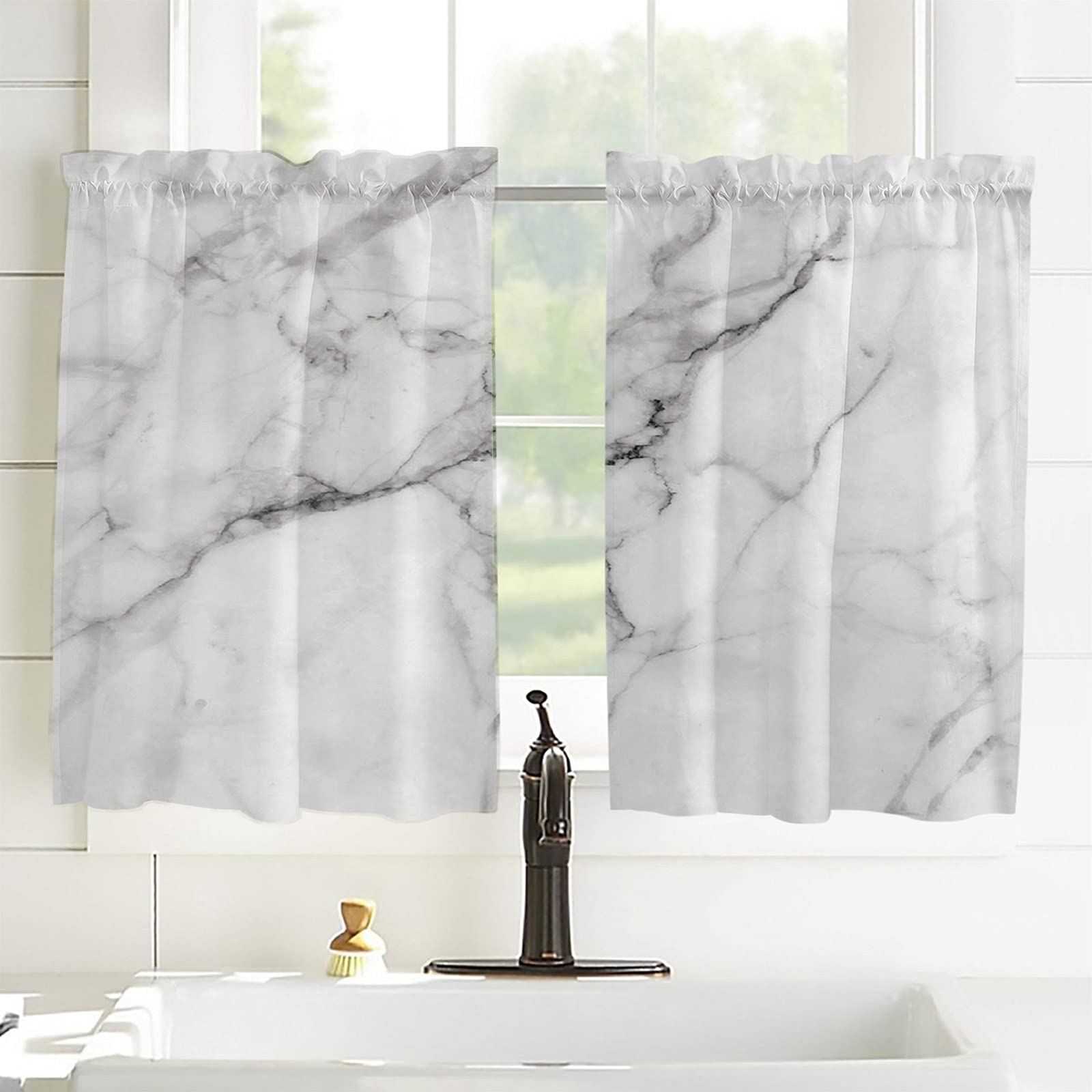 Marble Crack Design Window Curtains 55''x45'' - Set of 2 Panels, Rod Pocket Kitchen Drapes for Half Windows, White Bathroom & Cafe Curtains - Perfect for Small Kitchens, Bathrooms, and Cozy Cafés