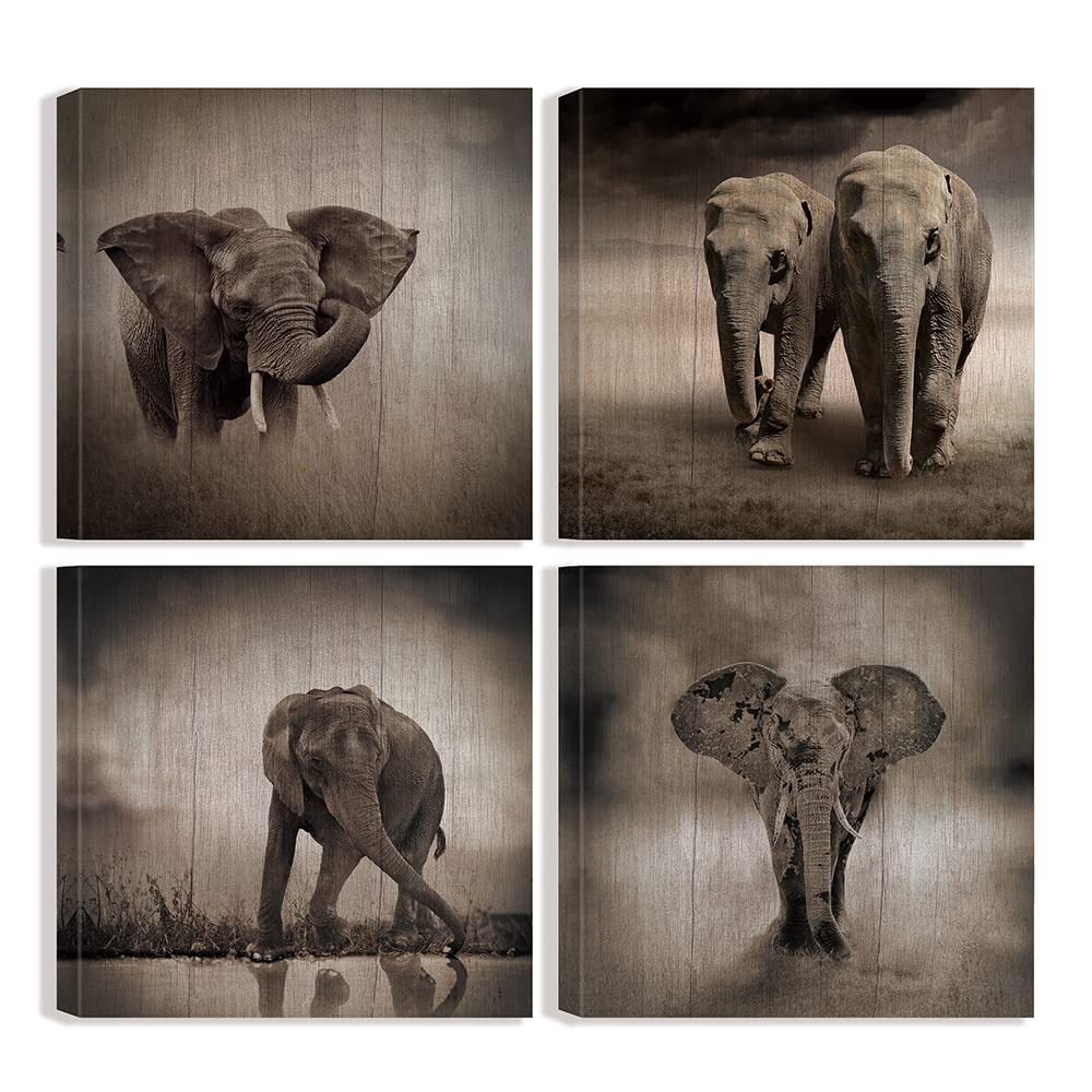 African Elephant Wall Art Canvas Painting - 4 Piece Framed Abstract Vintage Animal Print Pictures, Modern Home Decor for Living Room & Bedroom, 12x12 Inches - Perfect for Jungle Theme & Safari Nursery Decor