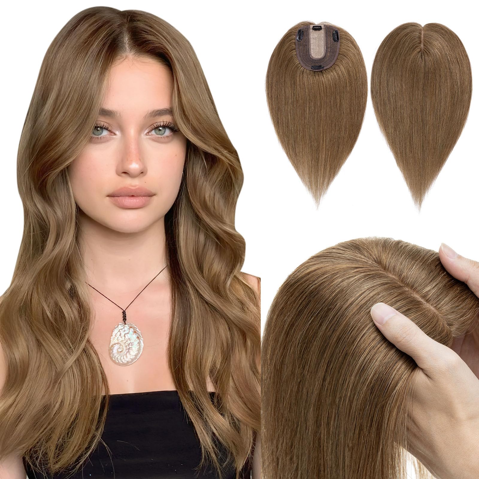 Hairro 100% Human Hair Topper for Women – 18 Inch Light Brown Clip-In Hairpiece with 4