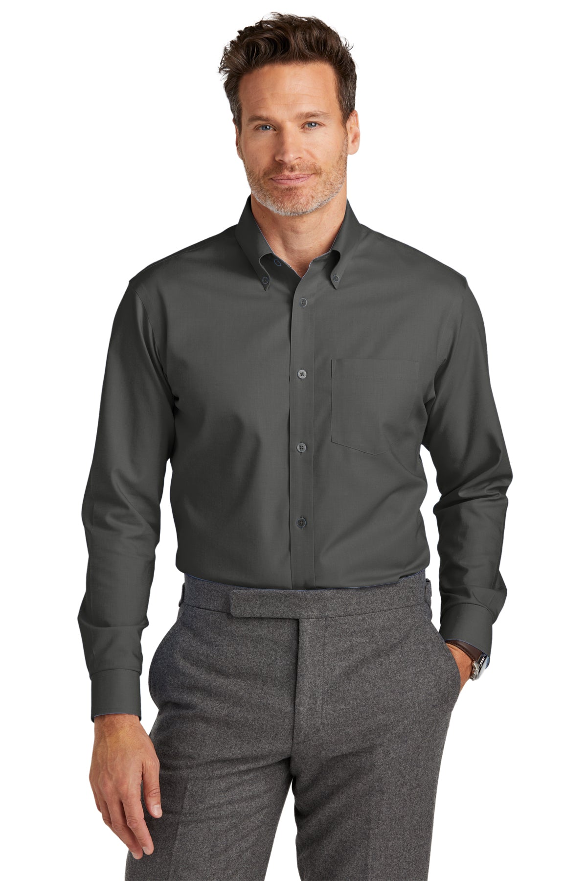 Brooks Brothers Tall Wrinkle-Free Stretch Nailhead Custom Dress Shirts for Men - Deep Black - Perfect for Business Meetings & Formal Occasions