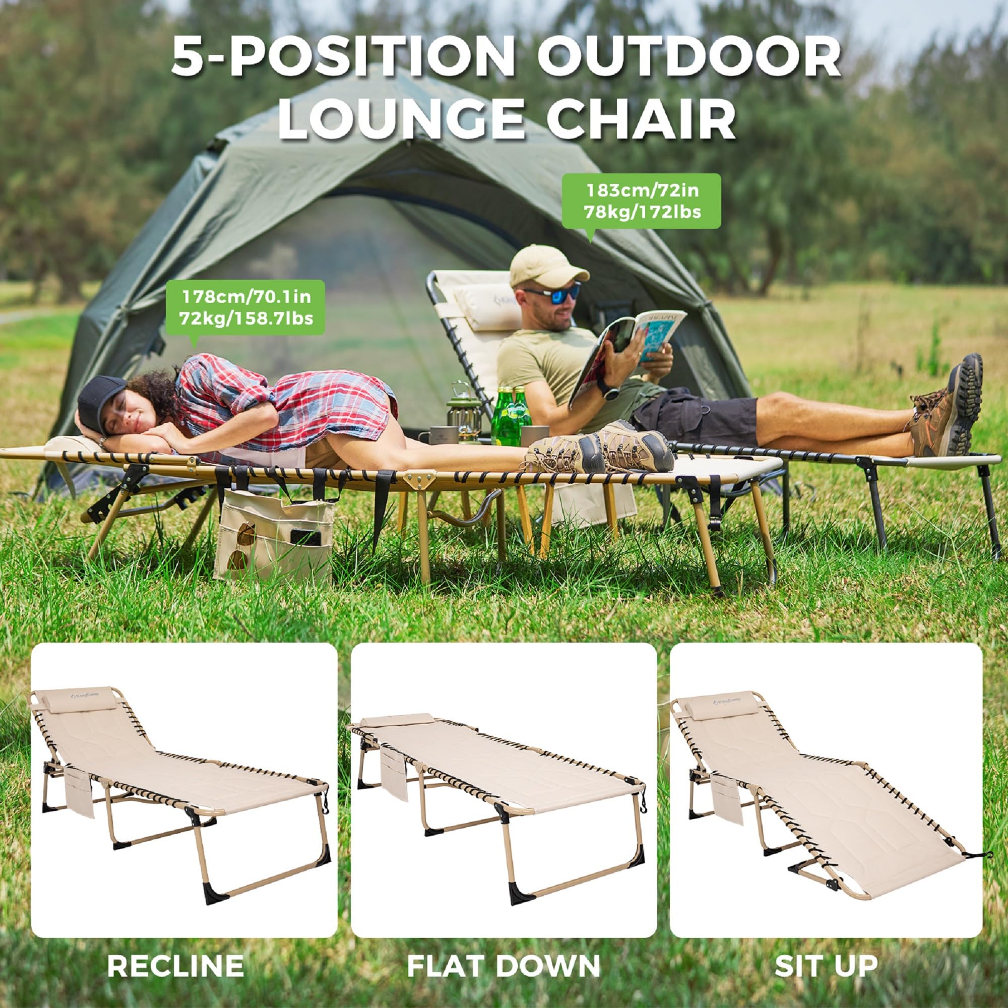 KingCamp Oversized Padded Folding Chaise Lounge Chair - Heavy Duty Adjustable Recliner with Pillow & Storage Pocket for Outdoor, Patio, Beach, Pool - Perfect for Sunbathing, Tanning & Relaxing in Beige