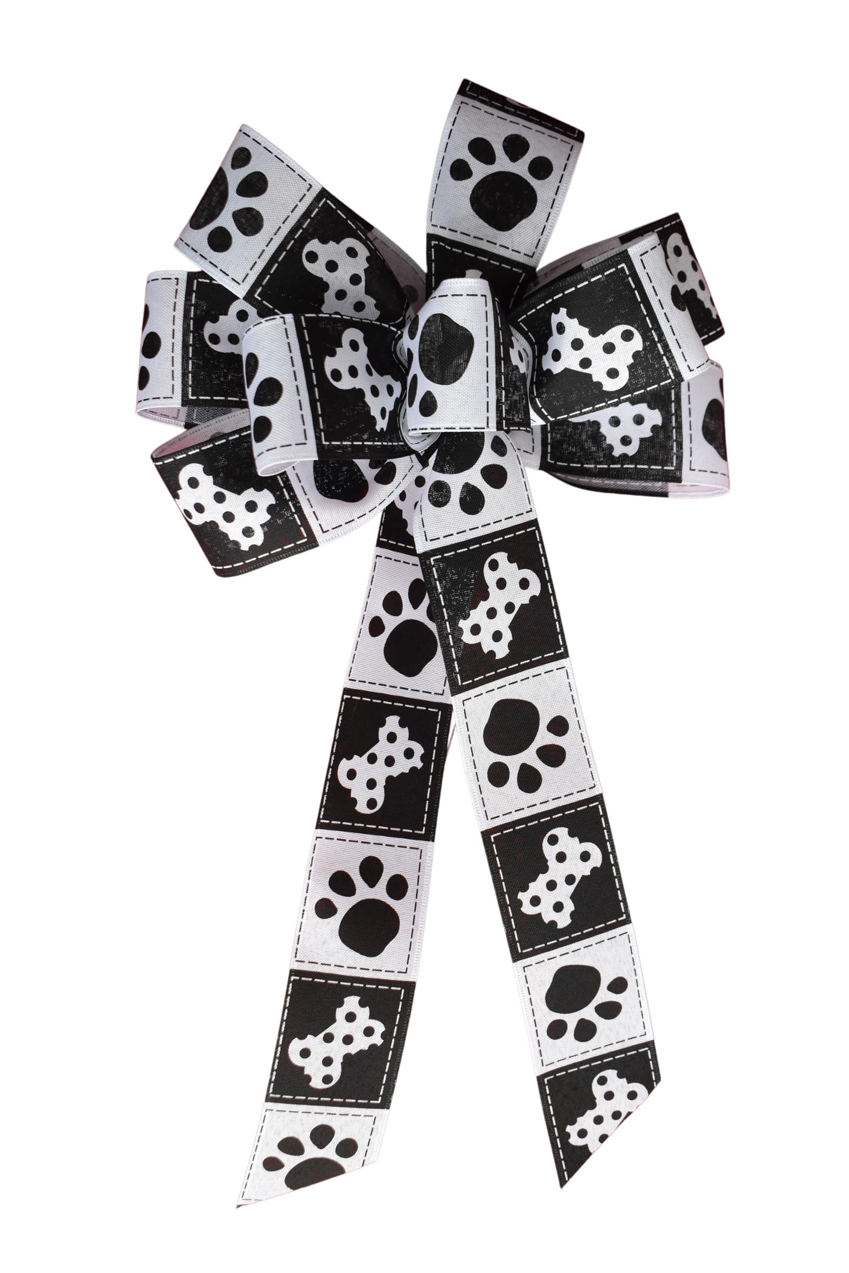 Large 8-Inch Dog Bones and Paws Wired Wreath Bow with White Linen for Pet Lovers - Perfect for Front Door Decor, Pet-Themed Parties & Holiday Home Decoration