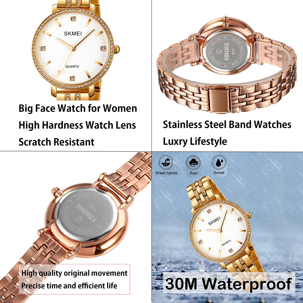 SKMEI Women's Luxury Diamond Stainless Steel Watch - Gold Analog Business Dress Watch with Big Face, Waterproof, Elegant Gift for Wife, Girlfriend & Ladies (Perfect for Office, Party & Formal Occasions)