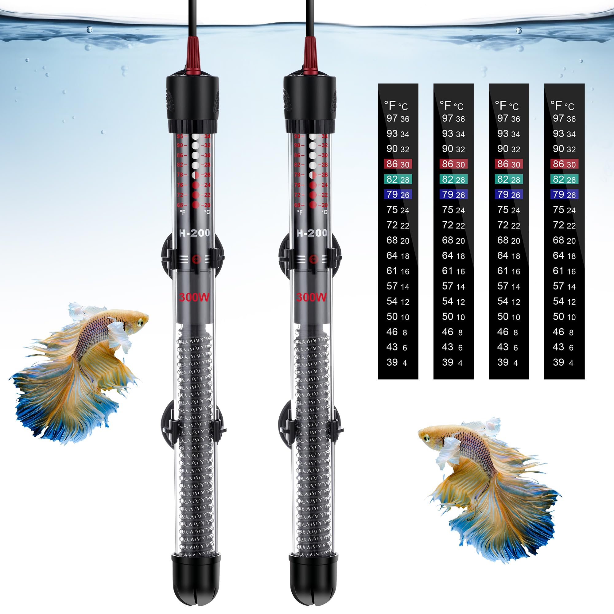 Dreyoo 2-Pack 300W Submersible Aquarium Heater with Adjustable Thermostat & Thermometer Stickers - Fish Tank Water Heater for Freshwater/Saltwater Aquariums - Perfect for Home, Office, or Classroom Fish Tanks