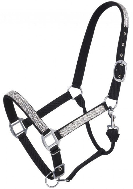 Adjustable Nylon Dog Halter with Crystal Accents - Black - Perfect for Small to Medium Dogs, Walking, Training, and Fashion Accessories