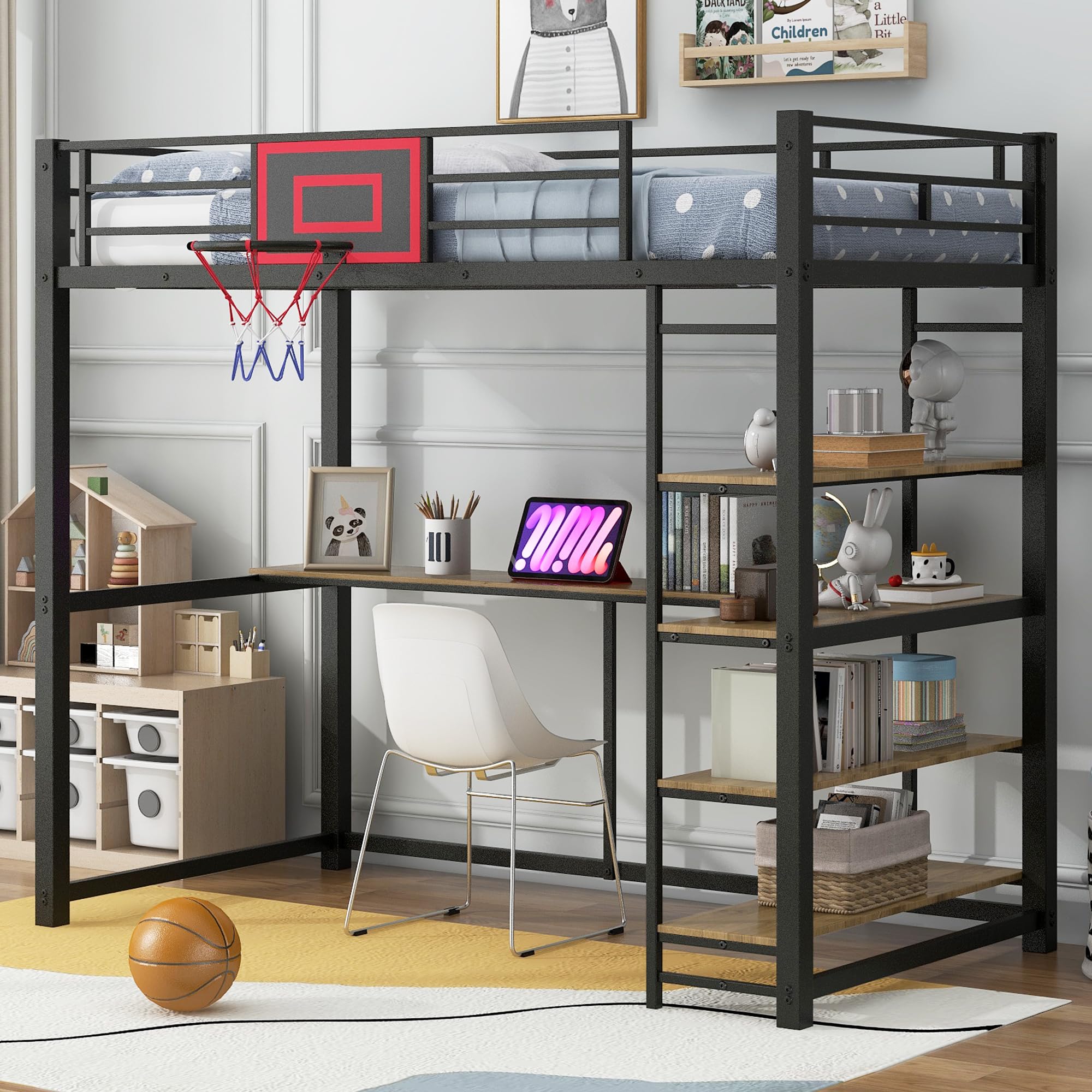 HABITRIO Twin Size Loft Bed with Shelves, Desk & Basketball Hoop - Sturdy Metal Frame for Kids & Teens - Space-Saving Study & Play Solution for Small Bedrooms (Black)