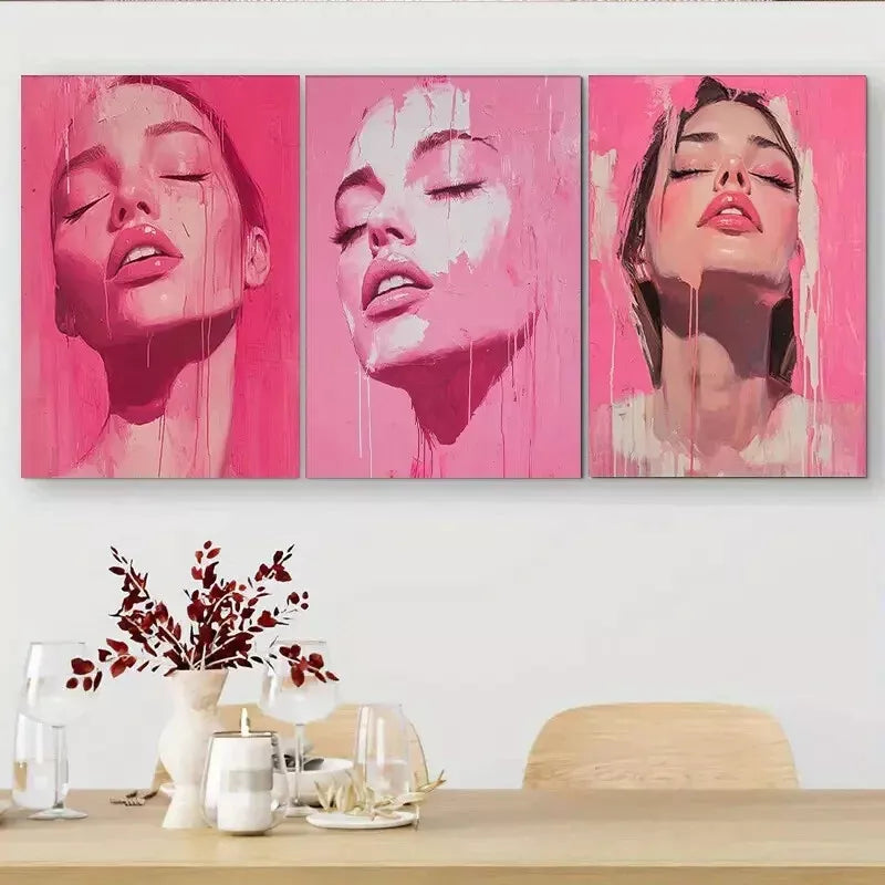 3pcs Pink Female Portrait Triptych Wall Art Set - Framed Canvas 40x60cm (16x24in) - High Quality Print - 100% Australian Made - Ready to Hang - Perfect for Living Room, Bedroom & Office Decor