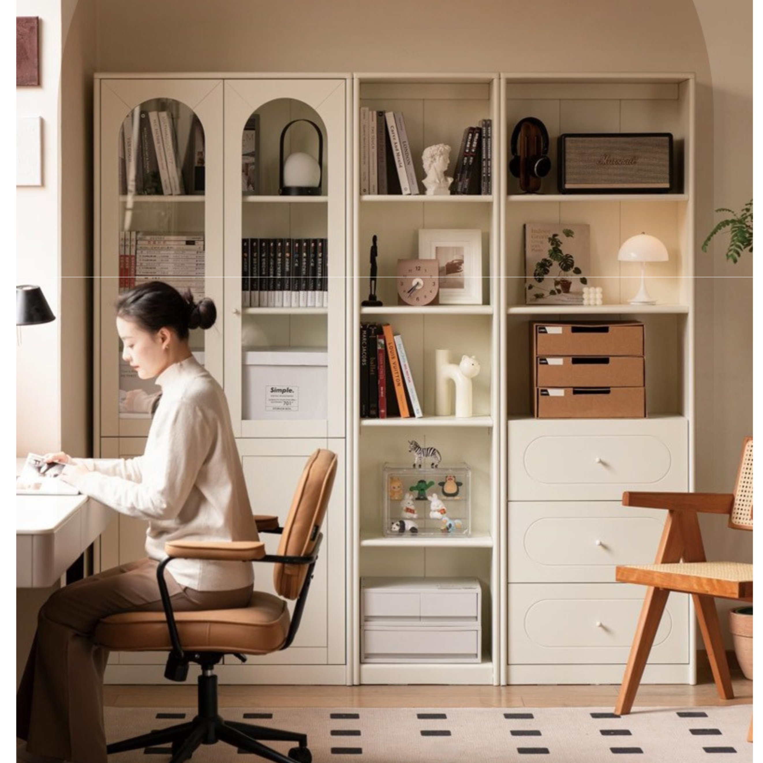 French Cream Style Poplar Solid Wood Bookcase with Glass Door - Whole Wall Combination for Living Room, Office & Library Storage