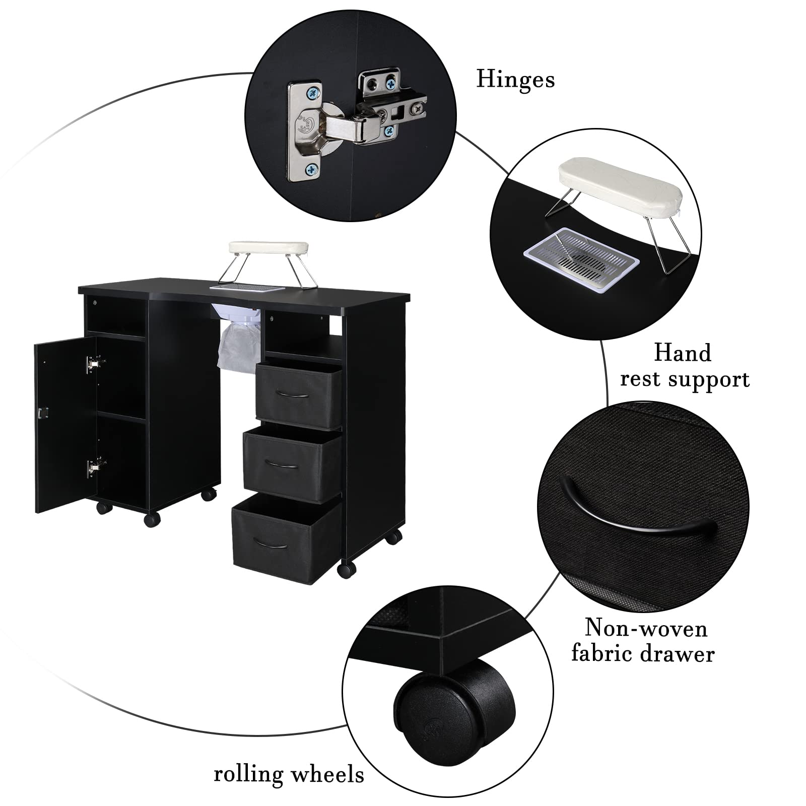 Professional Manicure Table with 4 Drawers & 2 Cabinets - Lockable Wheels Nail Tech Desk for Beauty Salon & Home Use - Perfect for Nail Artists, Spa Professionals & DIY Enthusiasts (Black)