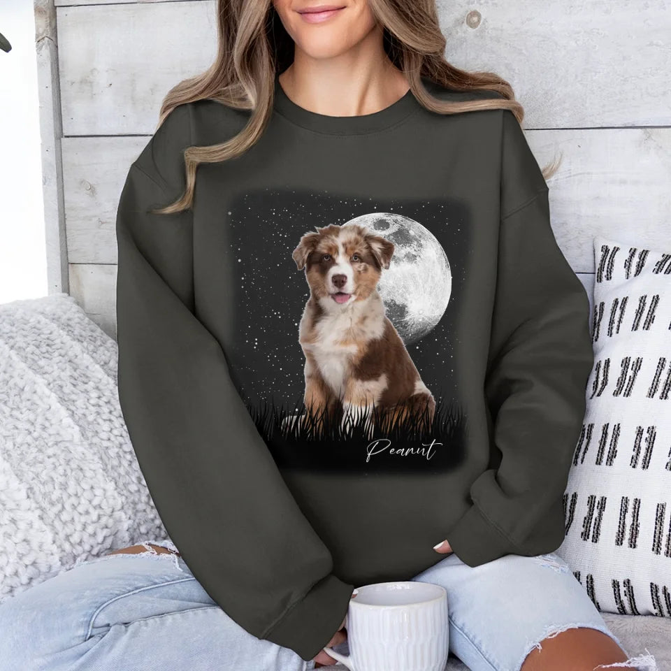 Custom Vintage Full Moon Pet Photo Sweatshirt - Personalized Dog Cat Lover Gift - Cozy Pullover for Family Matching Outfits, Couple Wear & Pet Memorial