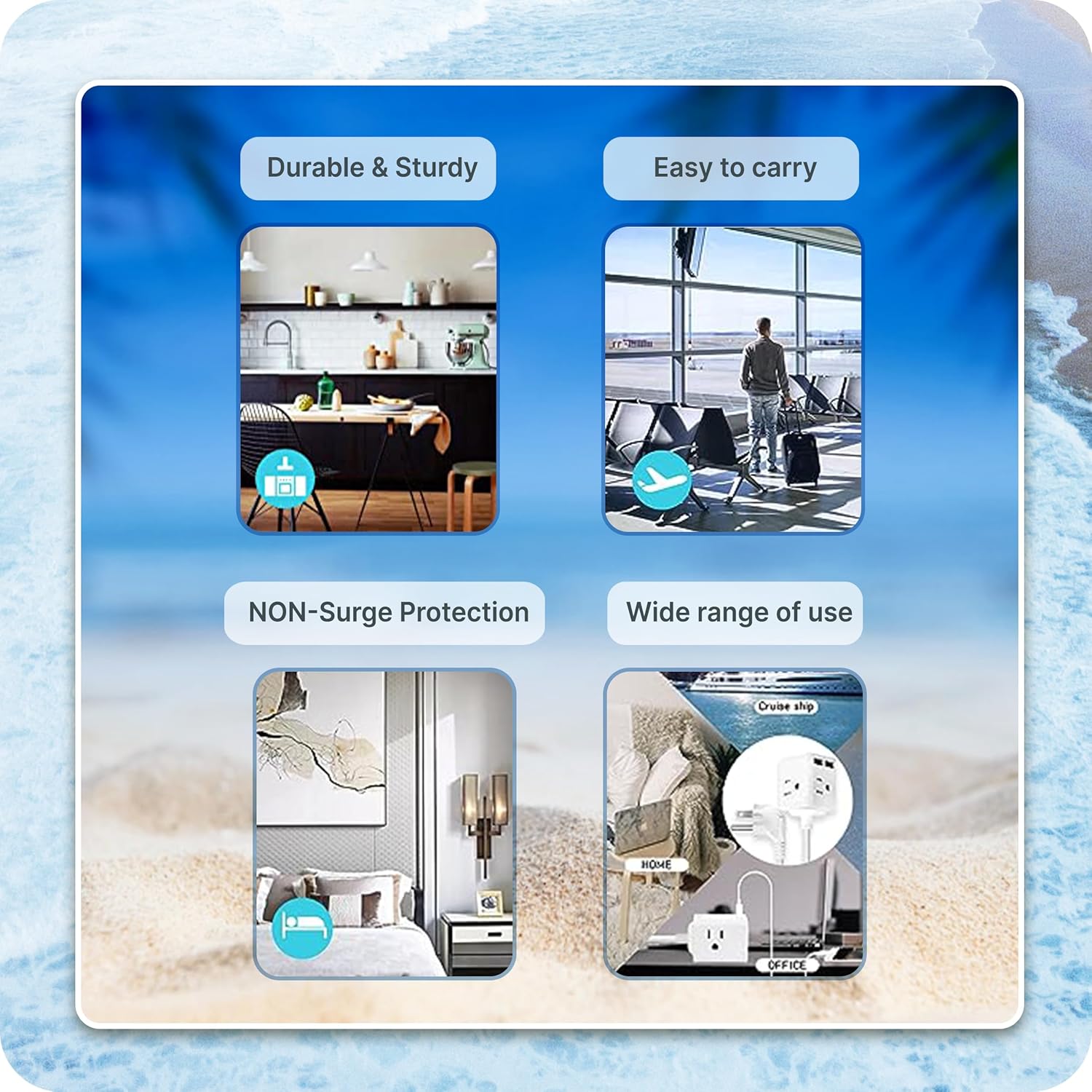 Cruise Essentials Travel Bundle - Mini Humidifier (White/Black), Multi Plug Adapter, Portable Fan with Carrying Case | Perfect for Cruise Vacations, Road Trips & Hotel Stays