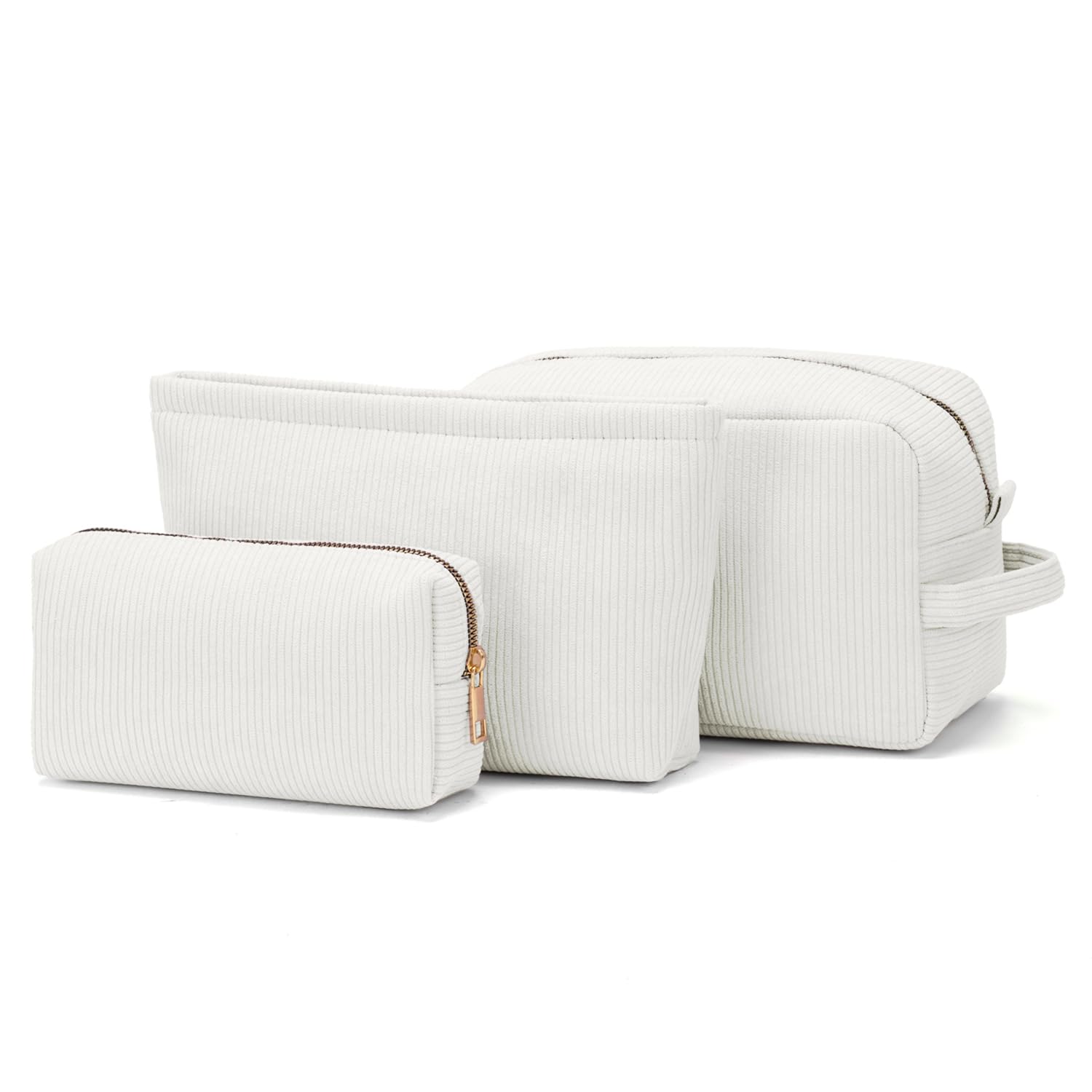 3-Piece Corduroy Makeup Bag Set for Women - Travel Cosmetic Organizer with Brush Storage Pouch, Toiletry Essentials for On-the-Go (White) | Perfect for Vacation, Gym & Daily Beauty Routine