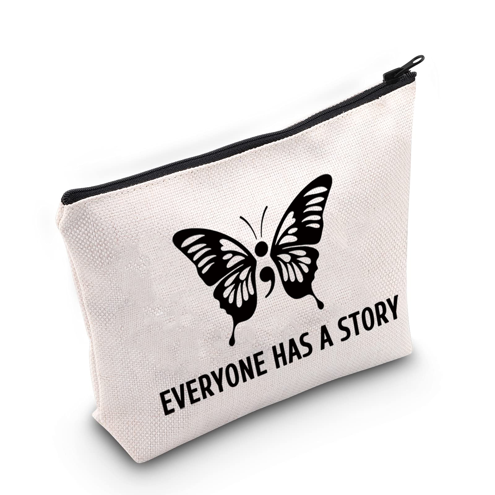 LEVLO Semicolon Butterfly Makeup Bag - Inspirational Mental Health Awareness Gift for Women (Everyone Has A Story) - Perfect for Suicide Prevention Support, Daily Cosmetics Storage & Thoughtful Present