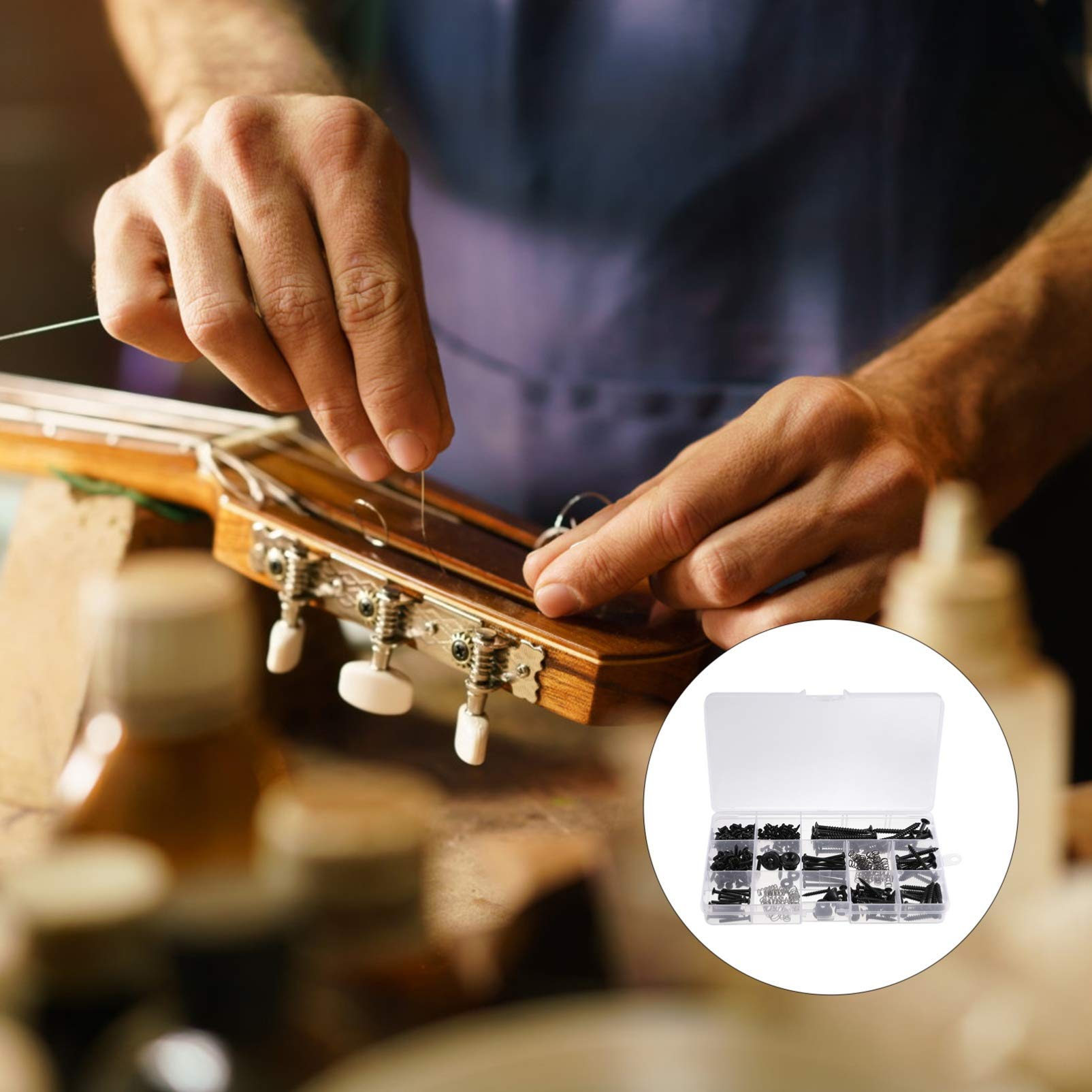 EXCEART 9-Piece Guitar Repair Screw Kit - Includes Guitar Spring, Strap Buttons, Mounting Tools for Electric Guitar Bridge, Pickup, Pickguard, Tuner & Neck Plate (Black) - Perfect for DIY Guitar Maintenance & Hardware Replacement