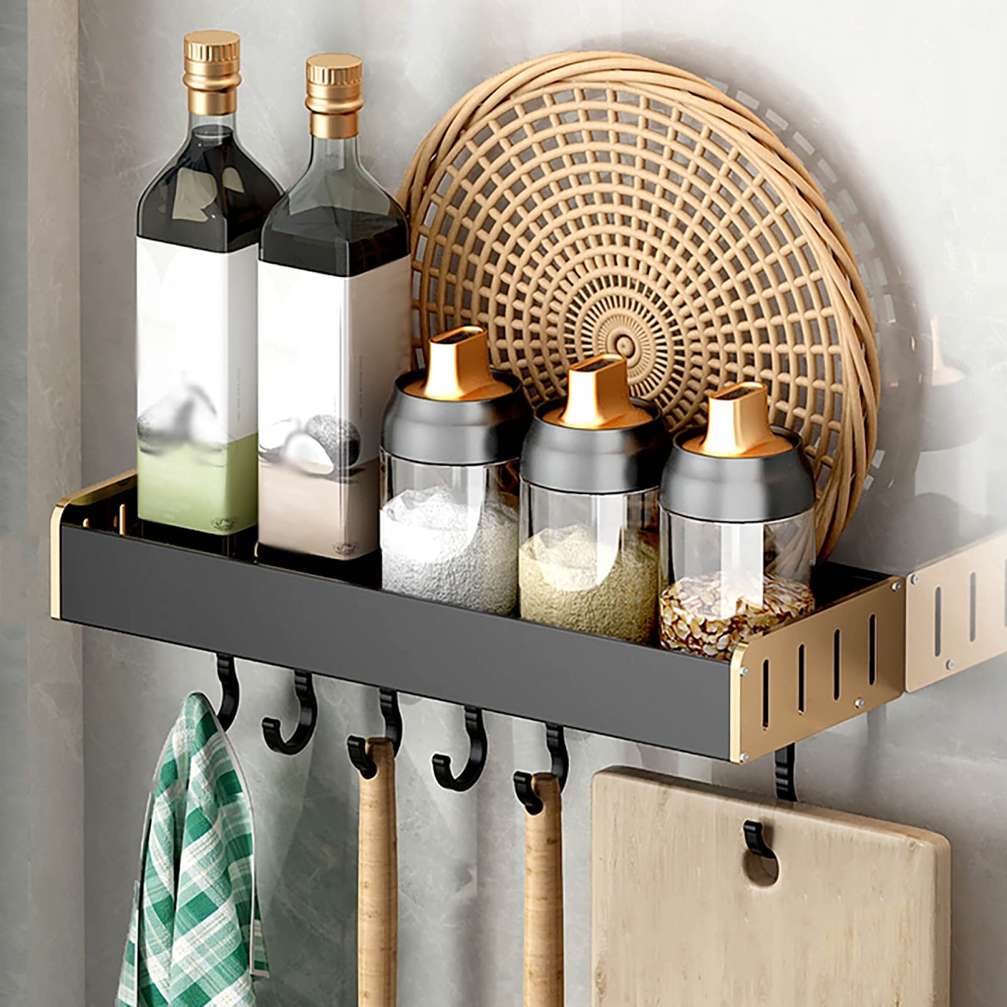 Wall Mountable Spice Rack with S Hooks - 30cm Kitchen Storage Organizer for Spices, Seasoning Jars & Small Items - Gold Finish - Perfect for Home, Bathroom & Kitchen Organization